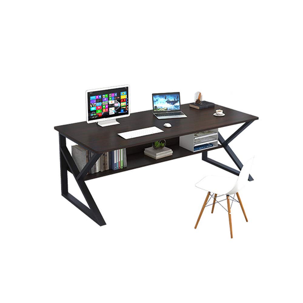 Large Wooden Workstation Desk with Steel Frame & Bookshelf - Sturdy Computer Desk for Office, Study, Gaming & Home Workspace - Perfect for Remote Work, Online Classes & PC Gaming Setup