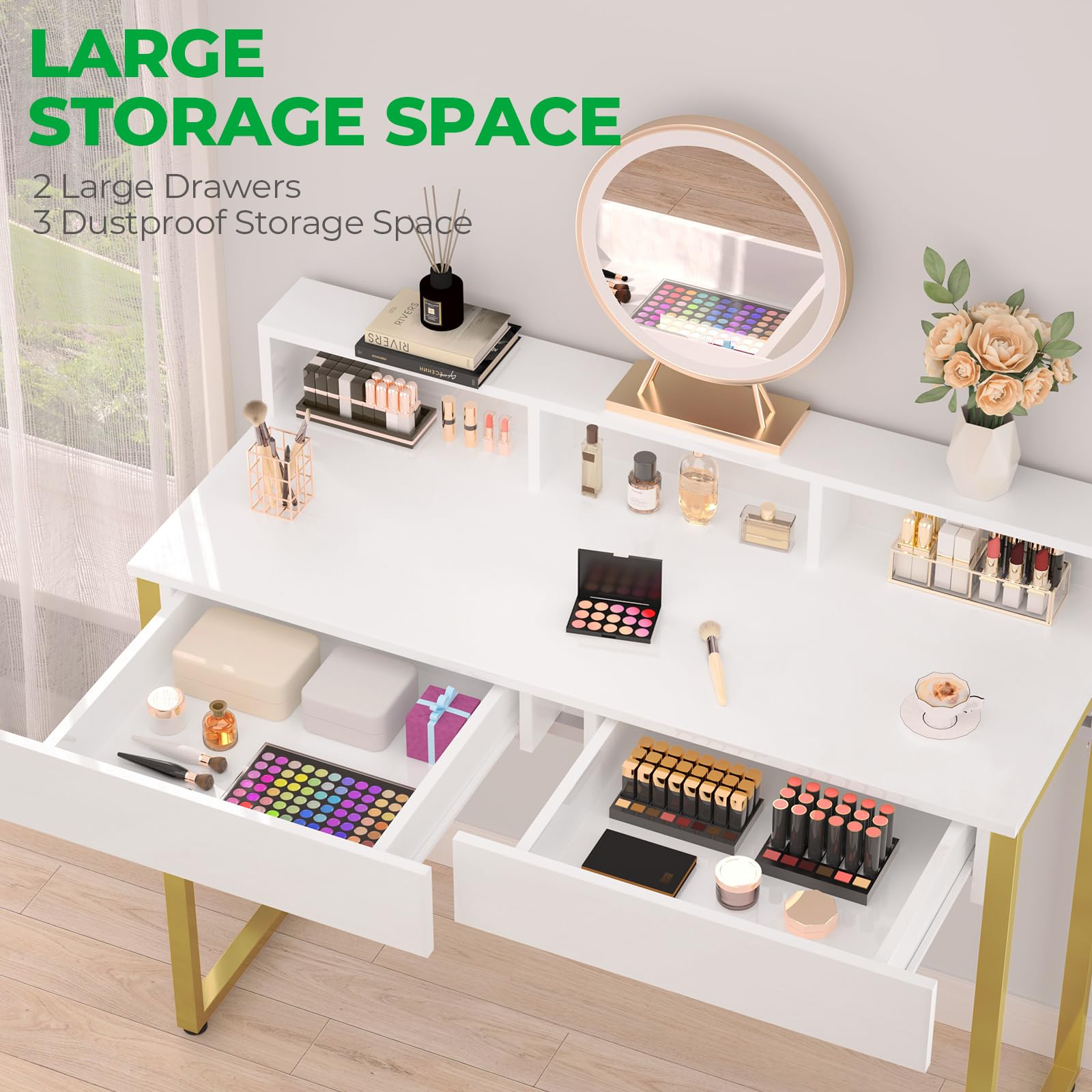 Modern White Vanity Desk with Drawers & Gold Legs for Bedroom & Home Office