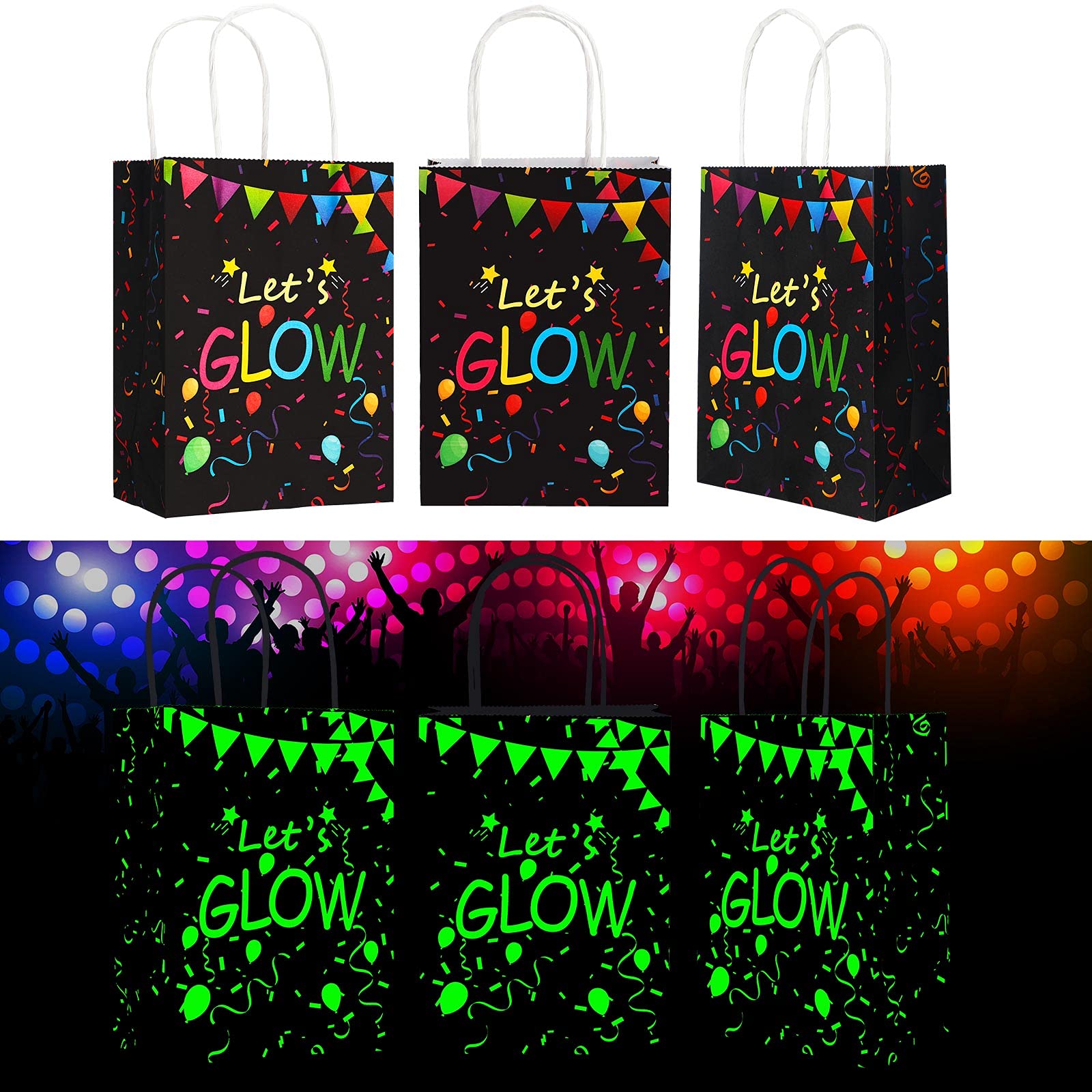 16 Pcs Glow in The Dark Party Favor Bags - Neon Luminous Gift Bags for Candy, Treats & Goodies - Perfect for Kids Birthday Parties, Glow Theme Events & Nighttime Celebrations