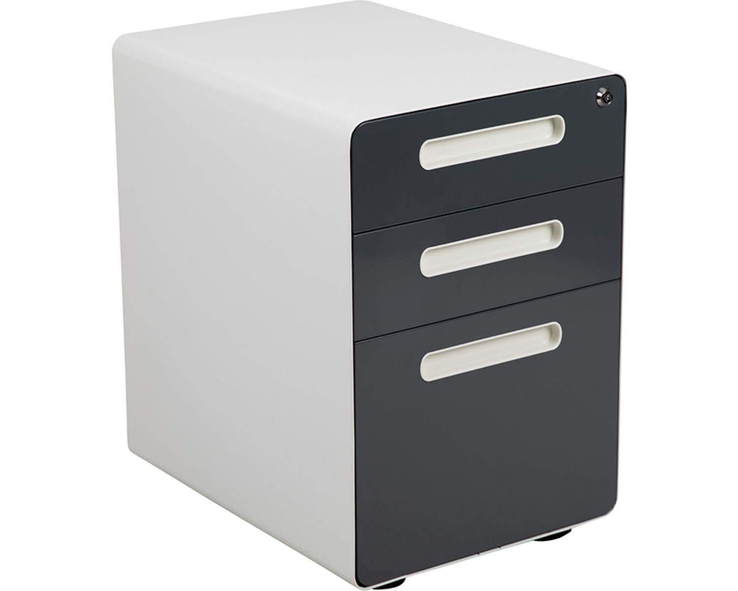 Flash Furniture Wren Ergonomic 3-Drawer Mobile Locking File Cabinet with Anti-Tilt Mechanism - Letter/Legal Size Drawers - White with Charcoal Faceplate - Perfect for Office, Home Office & Workspace Organization