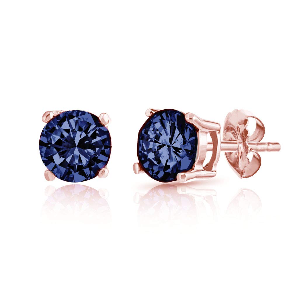 2 Pack Rose Gold Plated Sterling Silver 6mm Round Basket Stud Earrings with London Blue Topaz & Sapphire Gemstones - Elegant Jewelry for Women, Gift for Her, Perfect for Parties, Weddings & Daily Wear