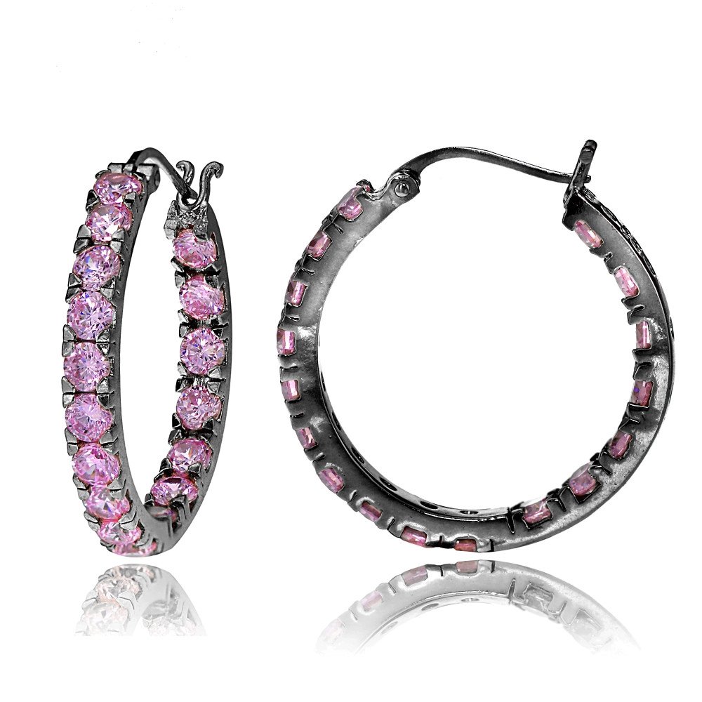 Sterling Silver Light Pink Cubic Zirconia Inside Out 3x20mm Round Hoop Earrings for Women - Elegant Everyday Jewelry, Perfect for Parties, Weddings & Gifts