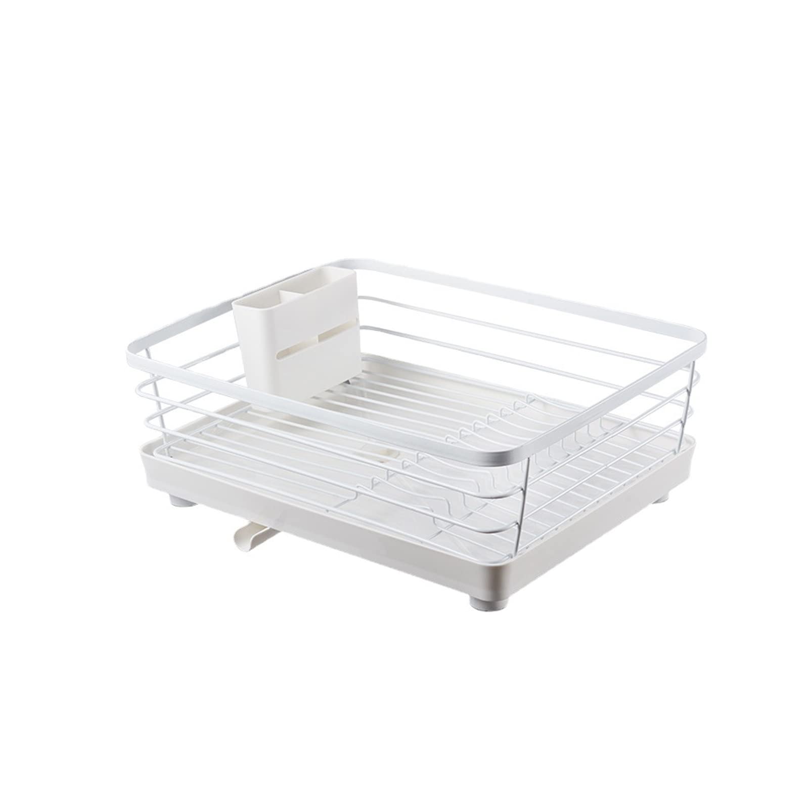 RNCOZE White Stainless Steel Dish Drying Rack with Swivel Spout & Removable Utensil Holder - Space Saving Kitchen Sink Drainer with Drainboard - Perfect for Small Kitchens, Countertops & Cabinet Storage