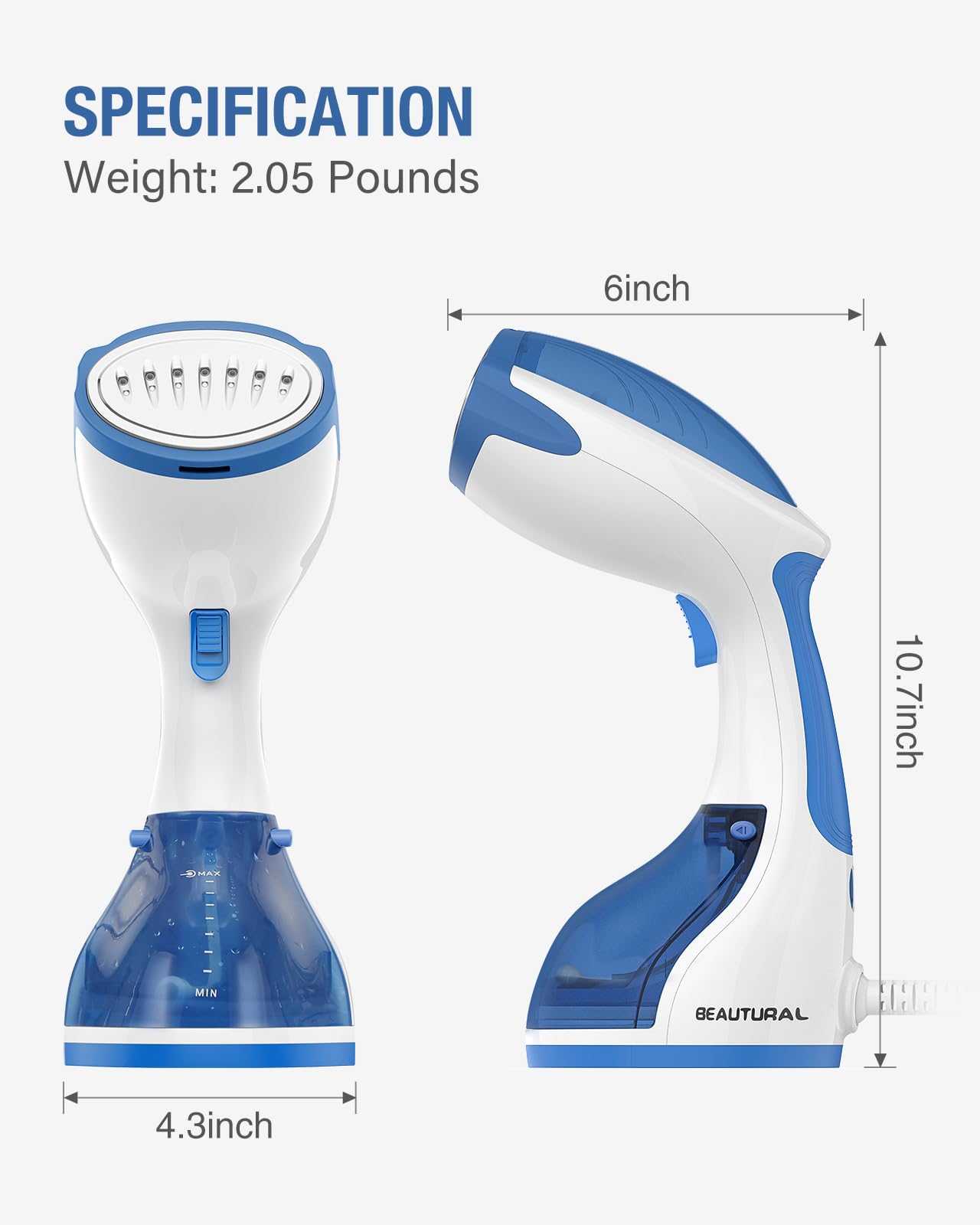 BEAUTURAL Steamer for Clothes - Portable Handheld Garment Fabric Wrinkle Remover with 30-Second Fast Heat Up, Auto Shut Off & Large Detachable Water Tank - Perfect for Travel, Home Use and Professional Garment Care