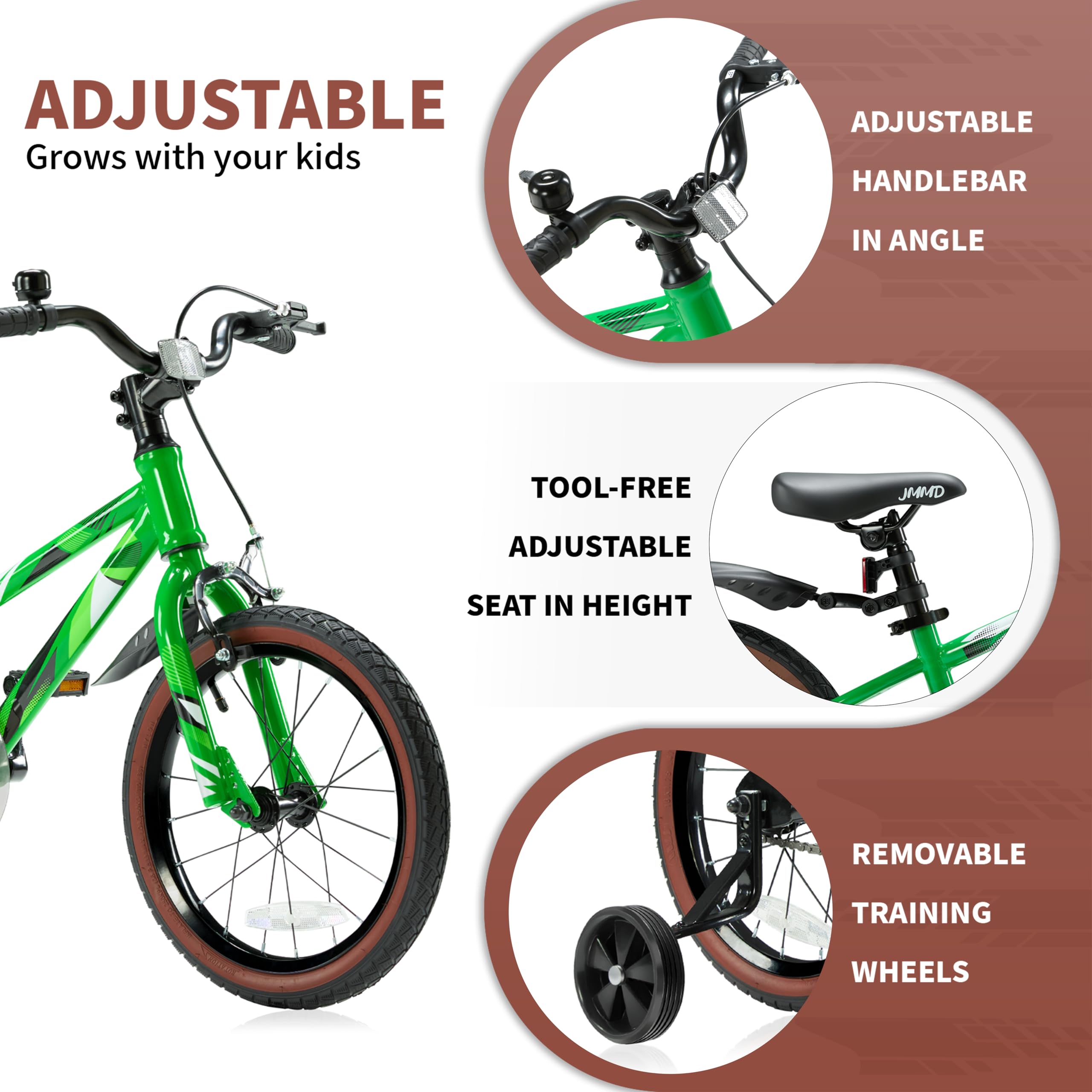 **JMMD 14 16 18 Inch Kids Bike for Boys & Girls Ages 4-12 - Adjustable Training Wheels & Kickstand, Lightweight Children's Bicycle with Handbrake - Perfect for Outdoor Play, Neighborhood Rides & Learning to Bike**