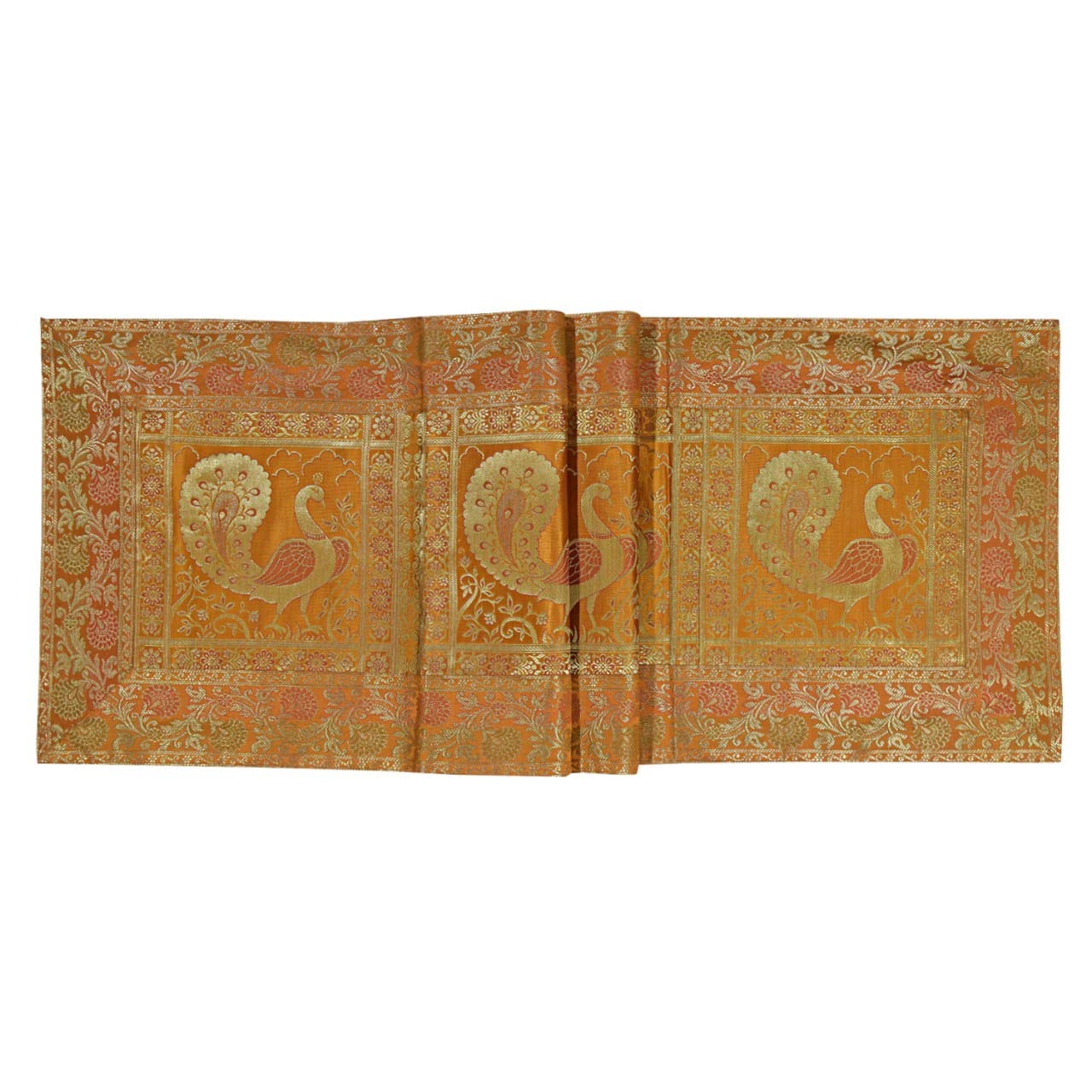 Golden Silk Table Runner - Traditional Indian Floral Design Decorative Table Cloth, 72 Inch Yellow Centerpiece Cover for Dining Table, Wedding Decor & Home Decor