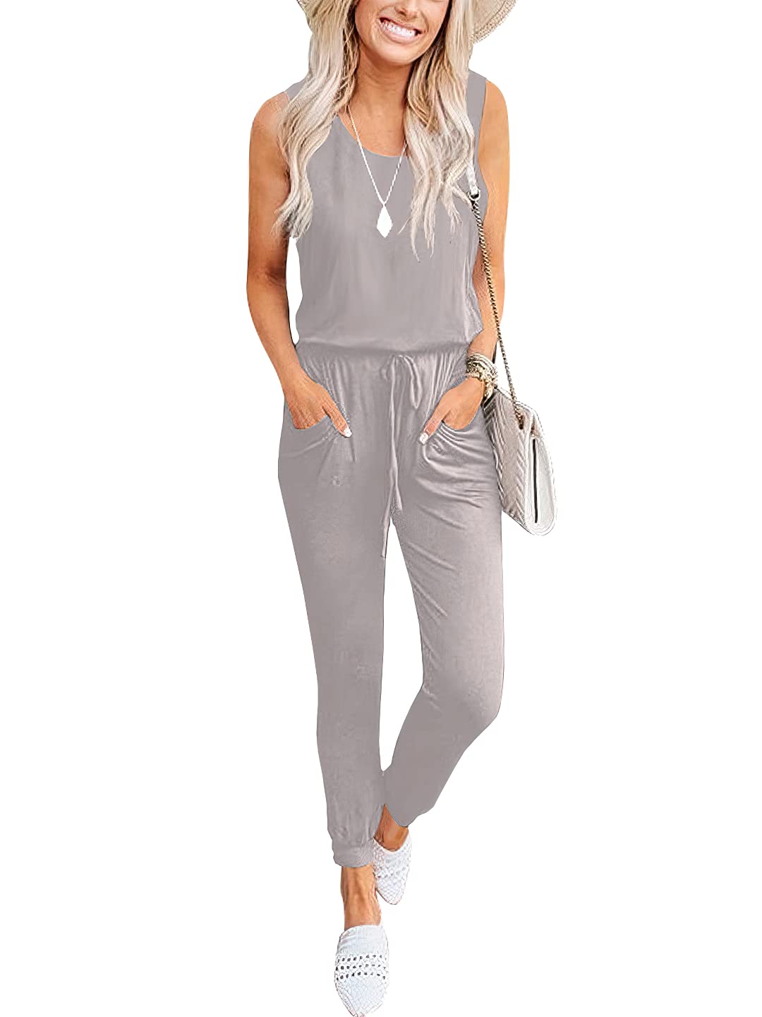 Caracilia Women's Sleeveless Jumpsuit - Stretchy Elastic Waist Romper with Pockets | Casual Summer Outfit for Beach, Travel & Everyday Wear