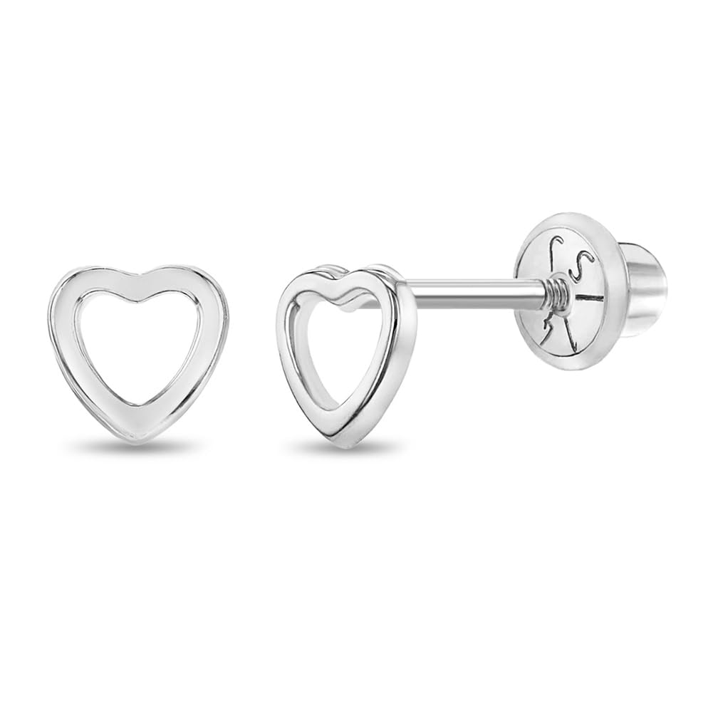 14K White Gold 5mm Open Heart Screw Back Earrings for Baby Girls & Toddlers - Small Stud Earrings Set with Safety Lock for Little Girls - Tiny Heart Earrings for Kids - Perfect for Birthdays, Baptisms & First Piercing Gifts