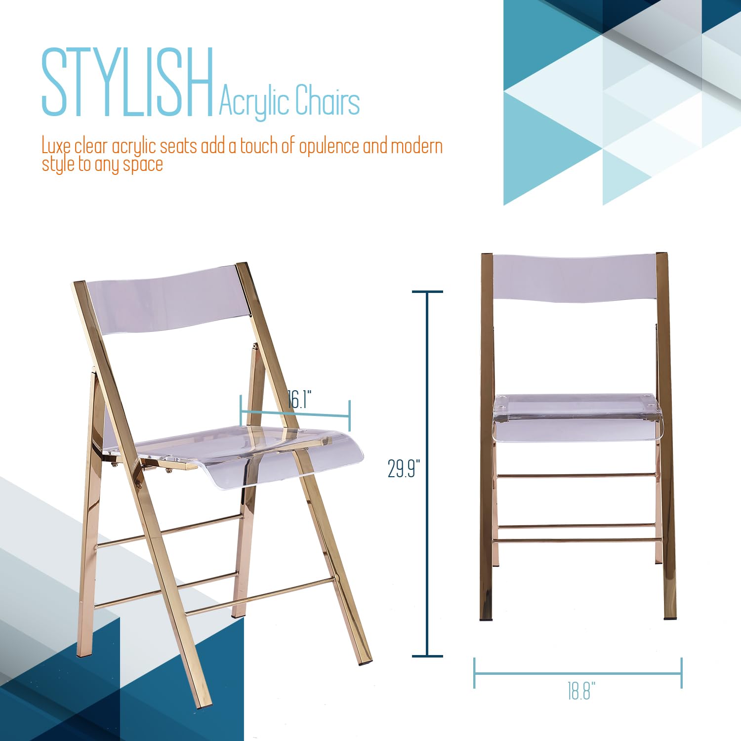 Kasper Flex Modern Acrylic Folding Chairs – Clear Transparent Lucite Chair with Chrome Steel Frame for Dining Room, Office, Patio, Wedding & Events – Space Saving Foldable Design – Gold Finish (Set of 1) – Perfect for Small Spaces, Home Decor & Party Seating
