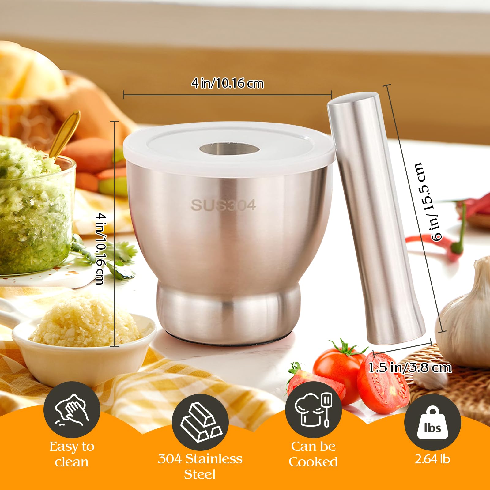 Premium Stainless Steel Mortar and Pestle Set – Heavy Duty Spice Grinder for Herbs, Pills, and Fine Powder | Perfect for Guacamole, Pesto, and Seasoning | Kitchen & Apothecary Essential with Lid