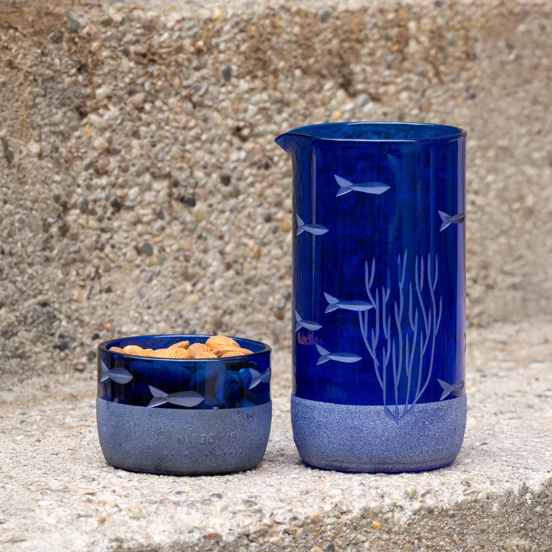School of Fish Twice Around Blue 13oz Pitcher & 2” Mini Sipper Set | 4-Pack | Perfect for Kids' Parties, Baby Showers & Summer Poolside Drinks