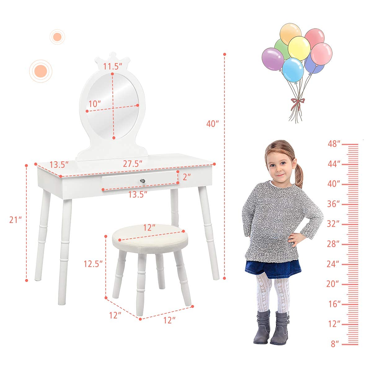INFANS Wooden Kids Vanity Dressing Table & Stool Set with Real Mirror - Princess Pretend Play Makeup Dresser with Drawer for Little Girls - Perfect for Birthday Gifts, Bedroom Decor & Role Play Activities