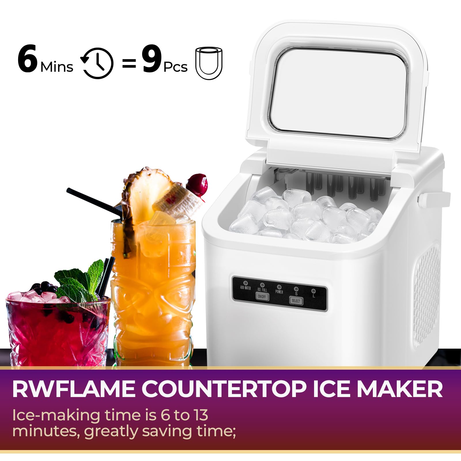 R.W.FLAME Countertop Ice Maker - 9 Bullet Ice Cubes in 6 Minutes, 26.5lbs/24Hrs, Self-Cleaning Portable Ice Machine with Basket & Scoop - Perfect for Home, Office, Kitchen, Bar & Party Use (White)