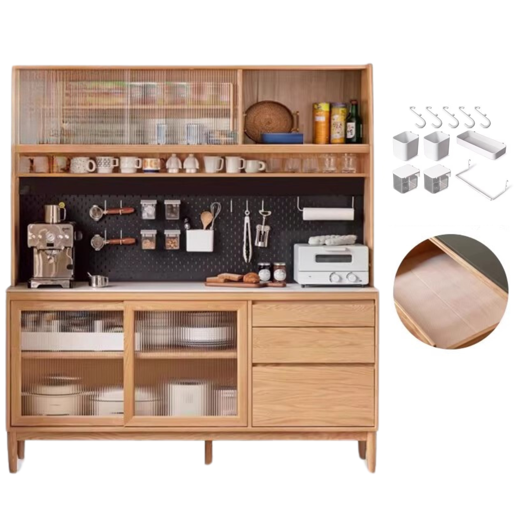 59x15.7x78.7 inch / 150.4x40.2x200 cm / Natural Wood Color /Oak rock board sideboard + upper shelf with waterproof drawer bottom pad+ perforated board seven-piece set