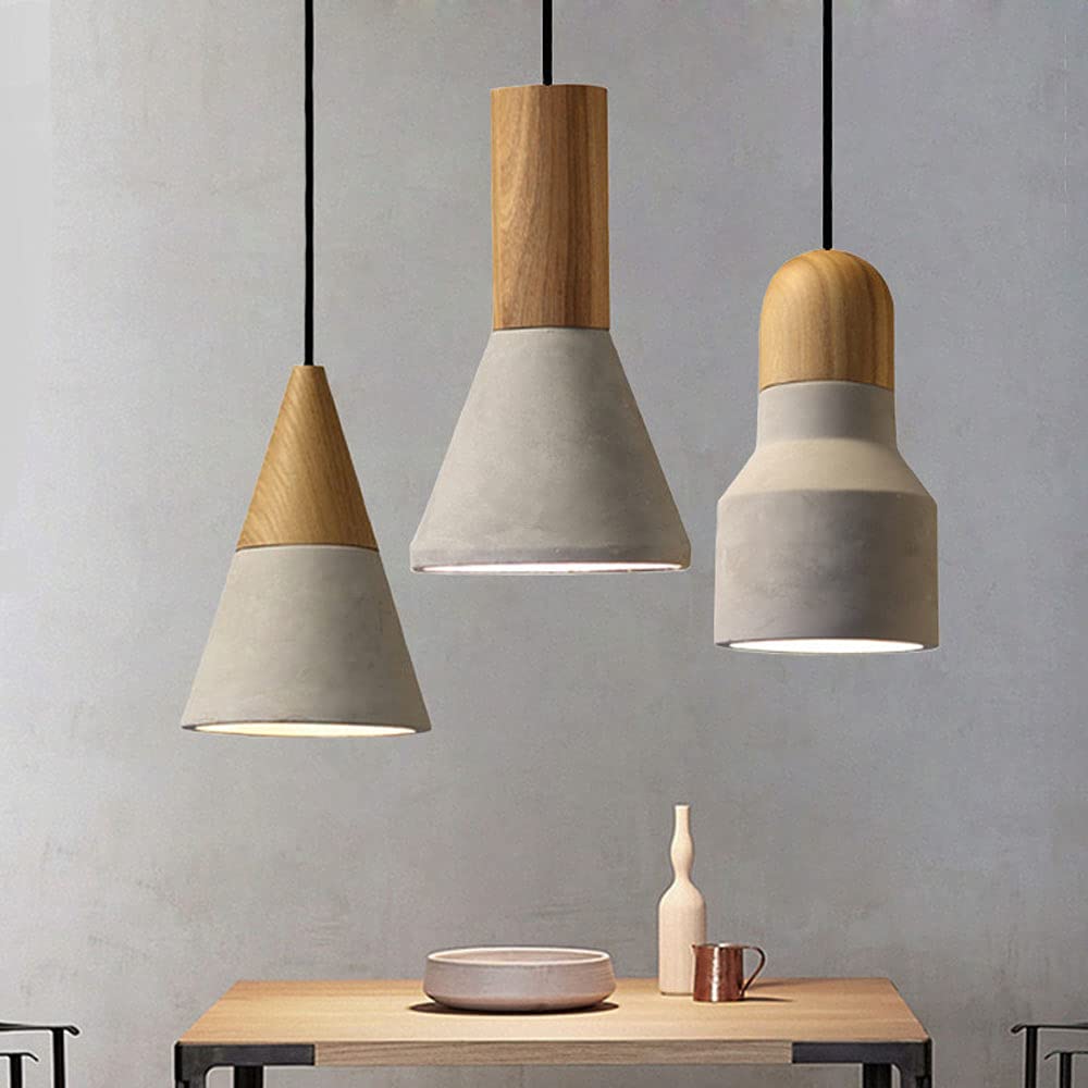 Gray Concrete Solid Wood Dome Pendant Light - Modern Industrial E27 Hanging Ceiling Lamp with Cement Shade for Kitchen Island, Dining Room, Bedroom & Living Room | Perfect for Farmhouse, Loft & Industrial Decor