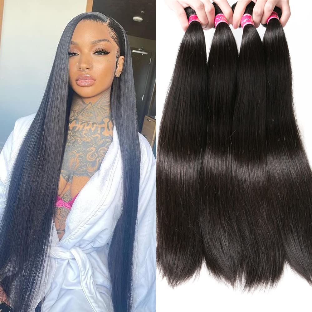12A Straight Bundles Human Hair - 100% Unprocessed Brazilian Virgin Hair (22, 24, 26, 28 Inches) - Natural Black Color - Perfect for Sew-in Weaves, Clip-in Extensions & Ponytails - Salon Quality Raw Hair for Styling & Volume