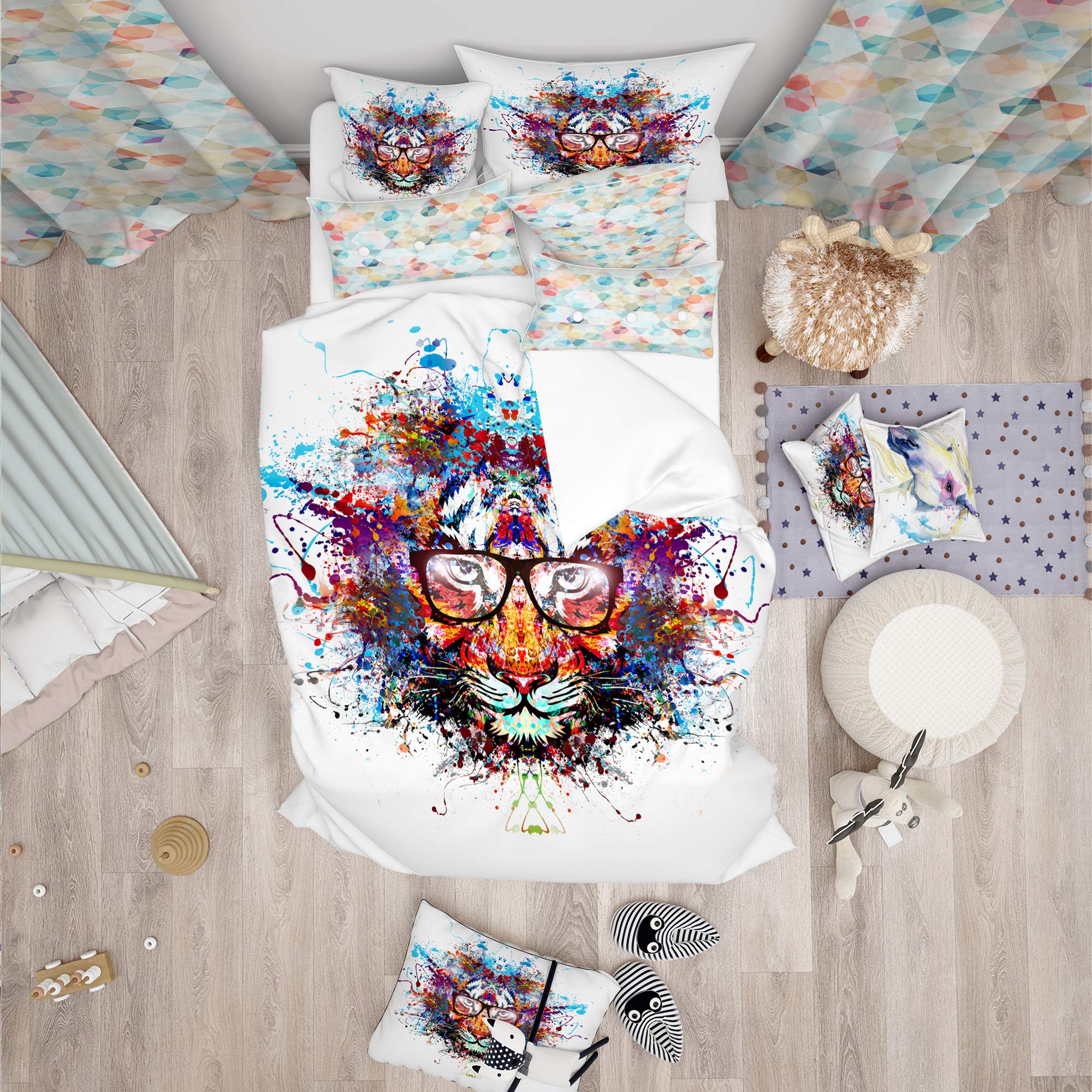 DesignQ Traditional Tiger in Glasses Duvet Cover Set - Queen Size 3-Piece Animal Print Bedding (Duvet Cover + 2 Pillow Shams) - All Season White Cotton Comforter Cover for Home, Bedroom Decor & Guest Room