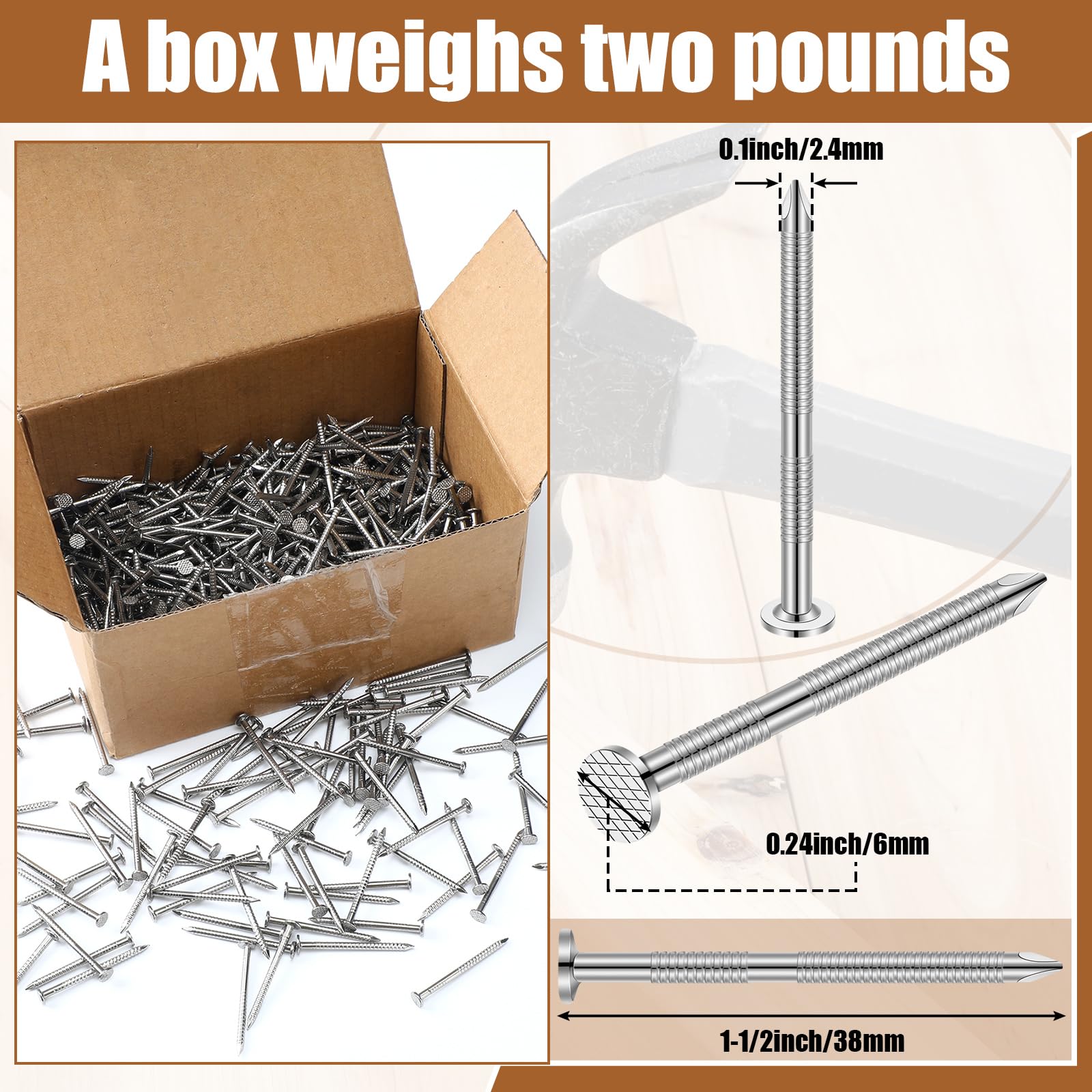 Tandefio 2LB 304 Stainless Steel Roofing Nails - 1-1/2 Inch Rust-Resistant Siding Nails for Redwood, Cedar, Decking & Slate Tiles | Outdoor Wood Siding, Roofing & Construction Hardware (Weatherproof & Durable)