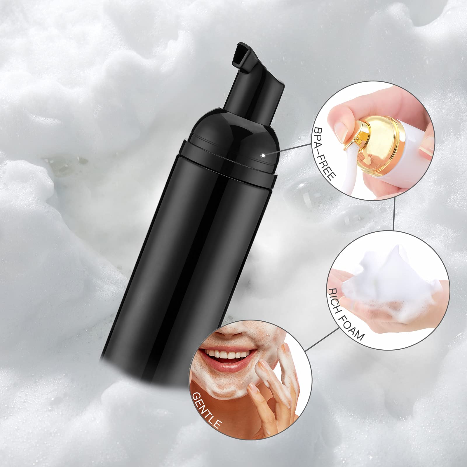 Tekson Empty Foam Soap Dispenser Bottle with Black Pump - 60ml (2 fl oz) Travel Size for Shampoo, Cleanser & Skincare - Perfect for Home, Gym & Travel Accessories