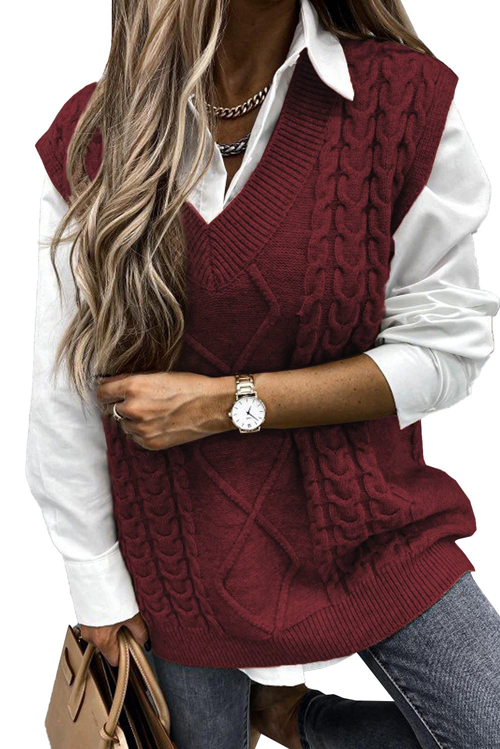 Women's Oversized V-Neck Sleeveless Sweater Vest - Vintage Cable Knit Loose Tank Top for Casual Outfits & Layering | Perfect for Fall, Winter & Office Wear