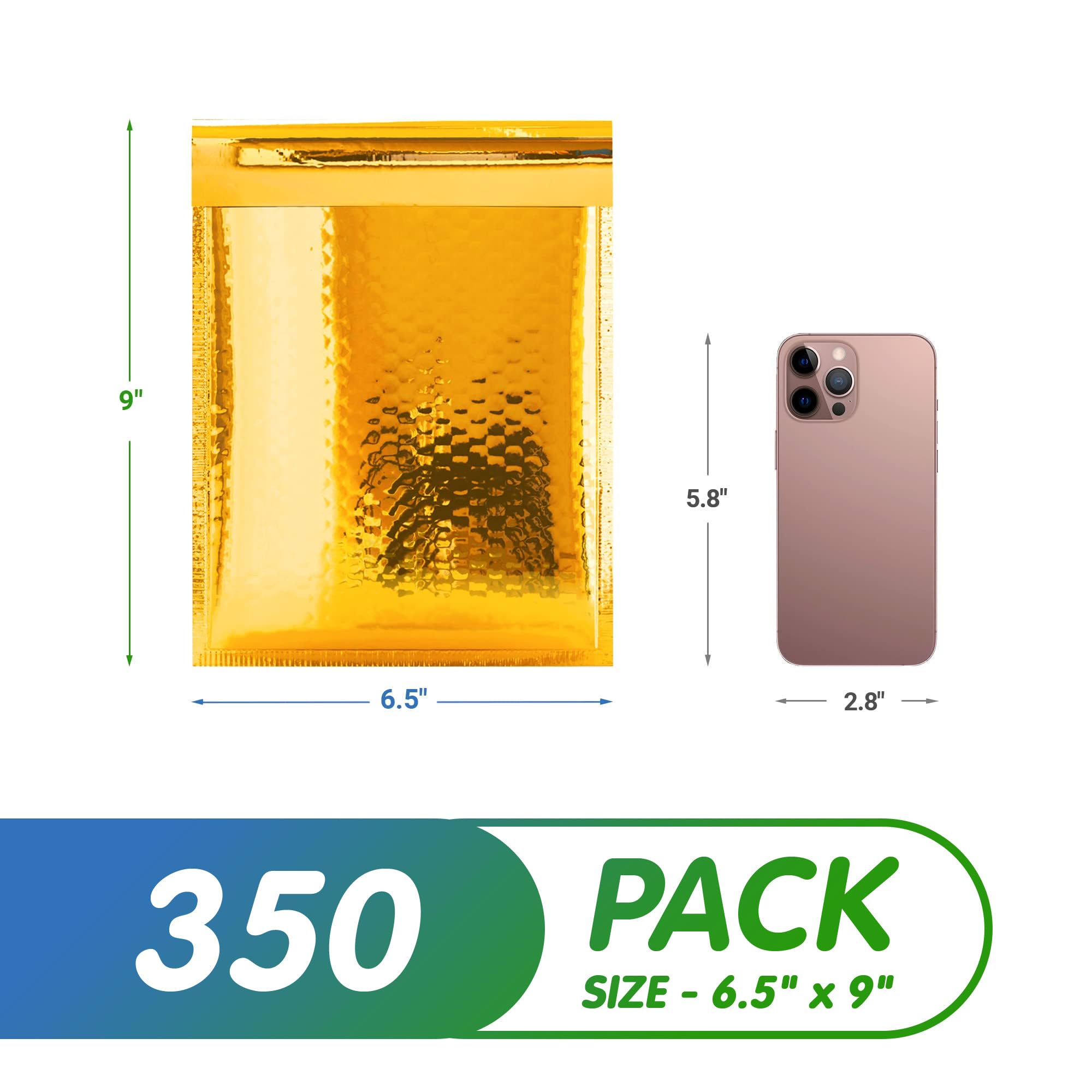 350 Pack Gold Metallic Bubble Mailers 6.5 x 9 Inches - Waterproof Padded Envelopes for Shipping Fragile Items | Perfect for Ecommerce, Jewelry, Cosmetics & Small Business Shipping