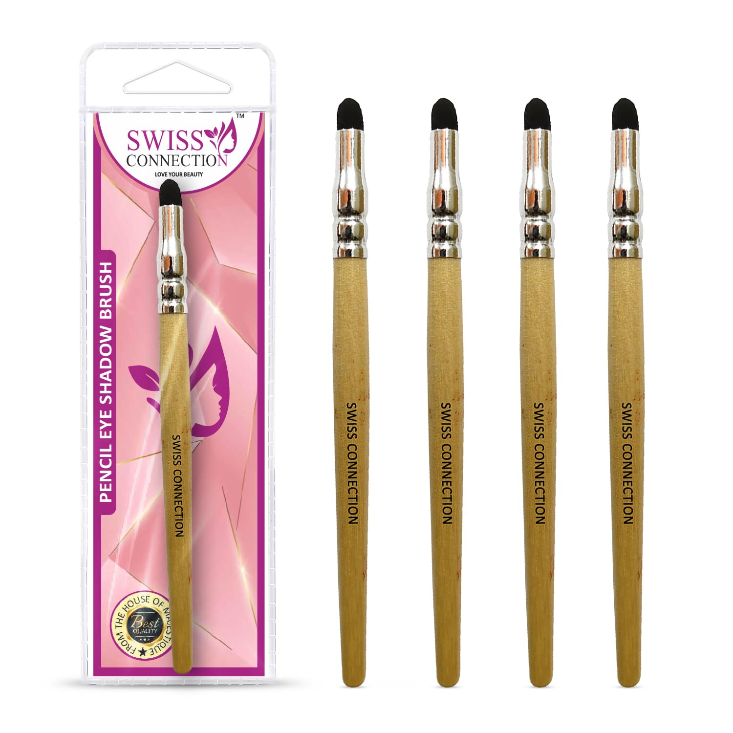 Swiss Connection Vegan Eyeshadow Blending Brush Set - Super Soft Firm Pencil Brush for Powder & Cream Eyeshadow, Wooden Handle & Aluminium Ferrule (Pack of 4) | Perfect for Smokey Eye & Natural Makeup Looks