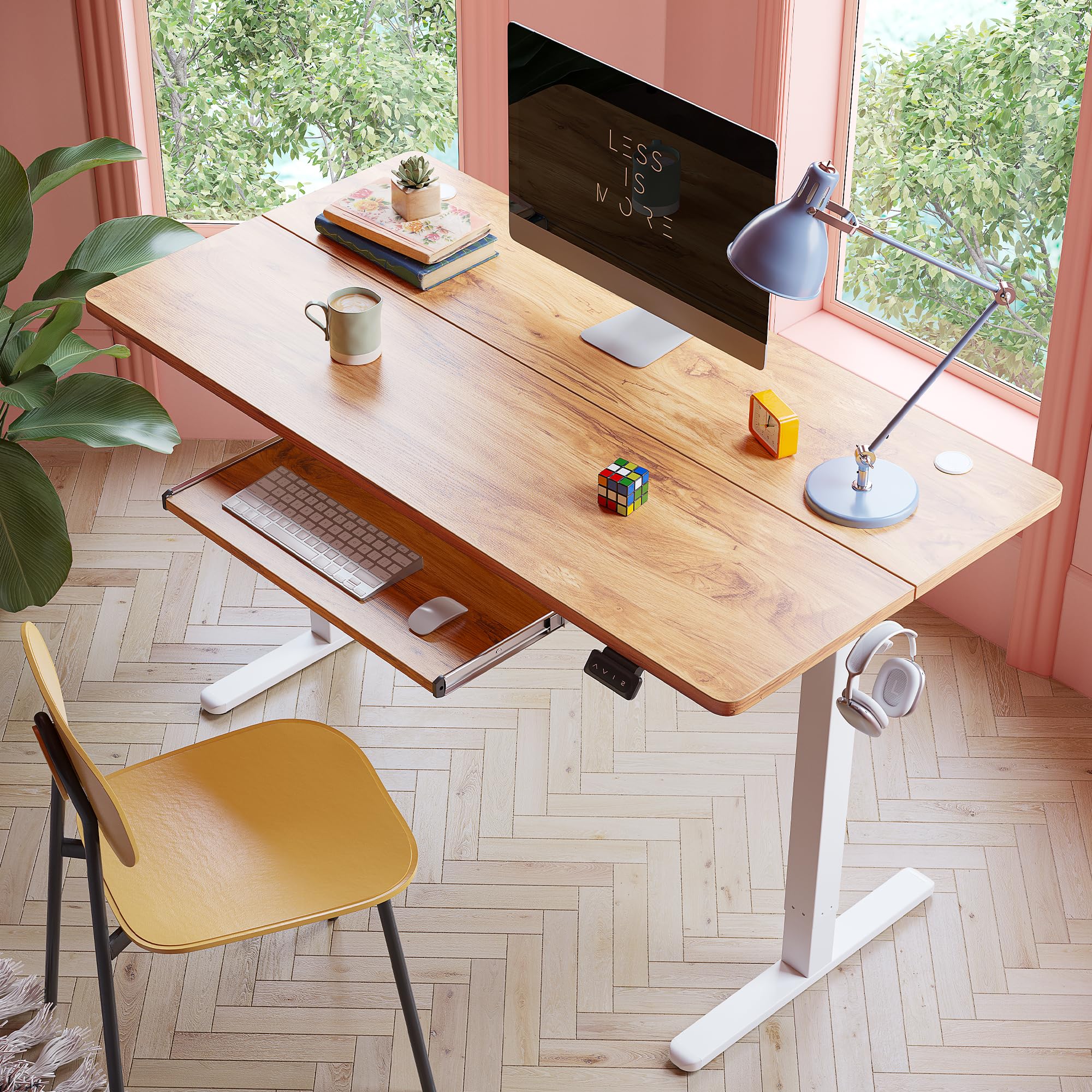FEZIBO 40 × 24 Inches Electric Height Adjustable Standing Desk with Keyboard Tray - Sit Stand Office Desk for Home & Workspace, Light Rustic Finish - Perfect for Remote Work, Gaming & Ergonomic Computing Setup