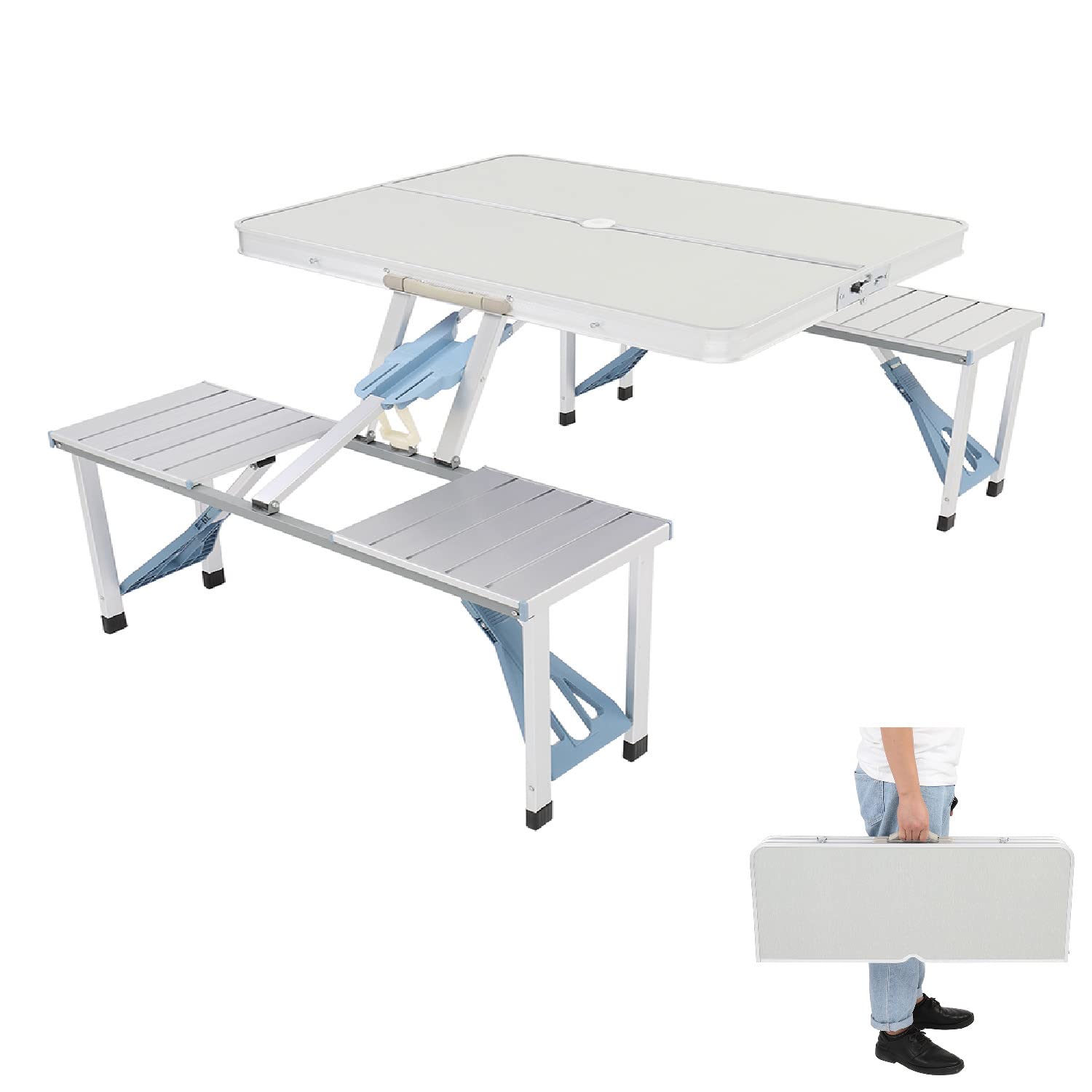 Lufsun Folding Picnic Table Set with 4 Stools - Portable Aluminum Alloy Camping Table & Chairs for Outdoor, Travel, Beach, BBQ & Backyard - Includes Umbrella Hole (Silver)
