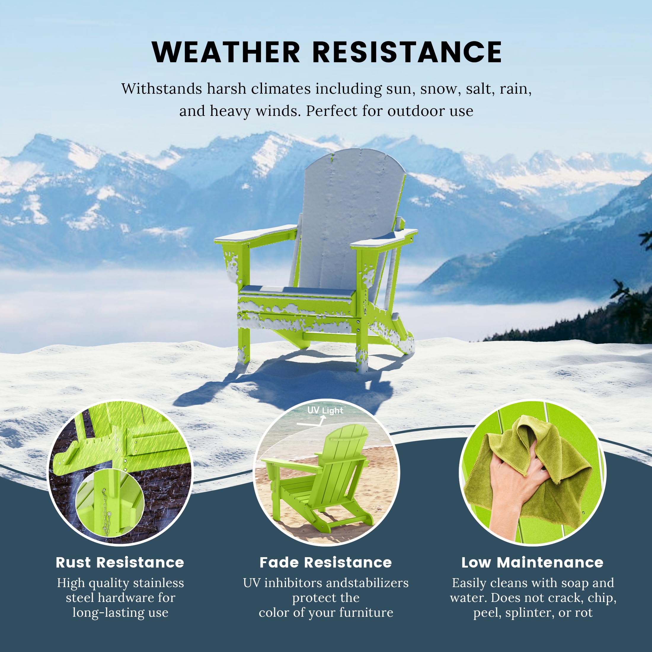 2-Pack HDPE Adirondack Chairs - Outdoor Folding Lounge Chairs for Patio, Garden, Poolside & Backyard - Weatherproof UV Resistant Furniture Set (Lime Green) - Perfect for Relaxing by the Fire Pit, Beach Lounging & Outdoor Entertaining