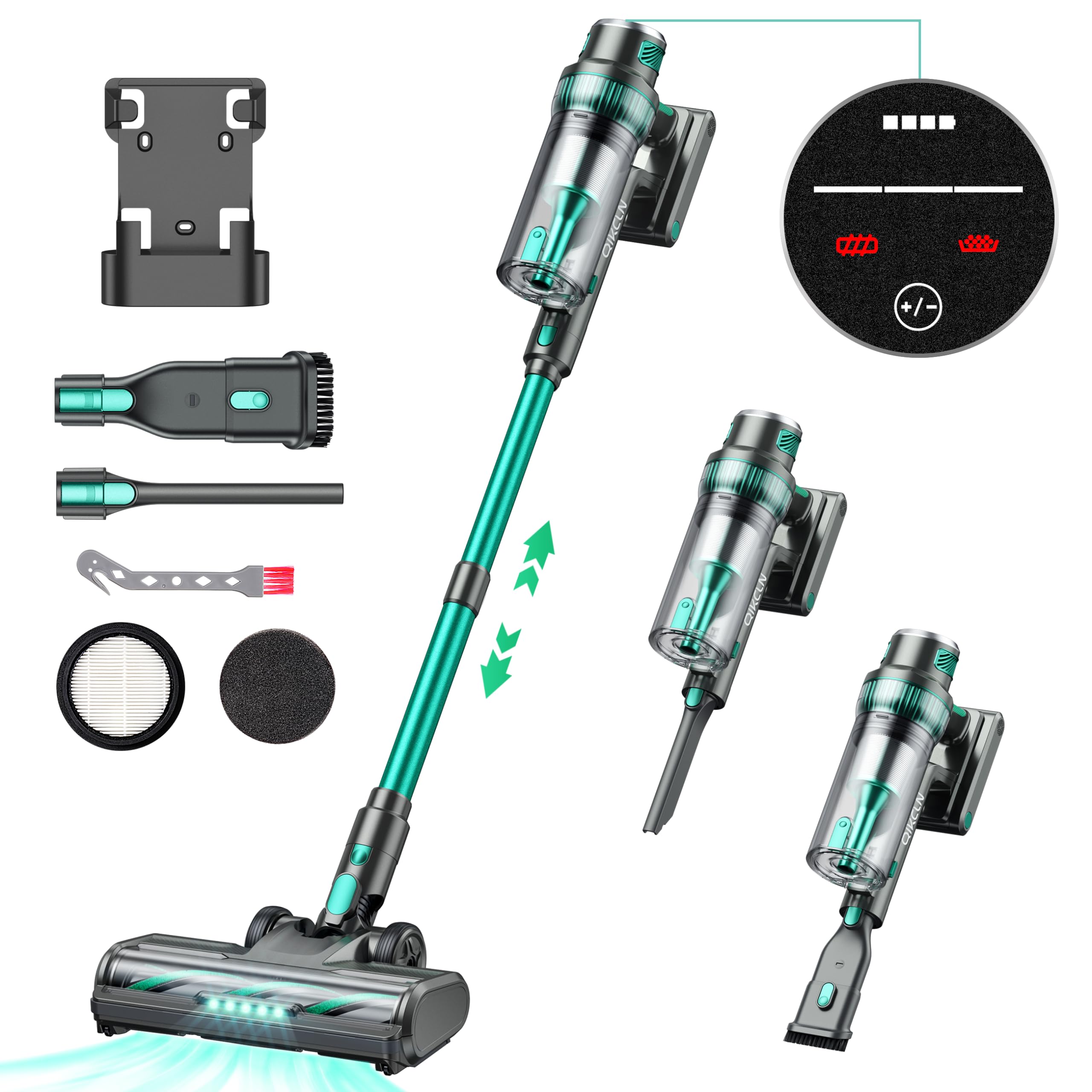 Powerful Cordless Stick Vacuum Cleaner - 250W 30Kpa Suction, 90000 RPM Motor, LED Display, 3 Cleaning Modes, 40 Min Runtime - Rechargeable Handheld Vacuum for Pet Hair, Hardwood Floors & Carpets (Green) | Perfect for Quick Cleanups & Deep Cleaning in Homes with Pets