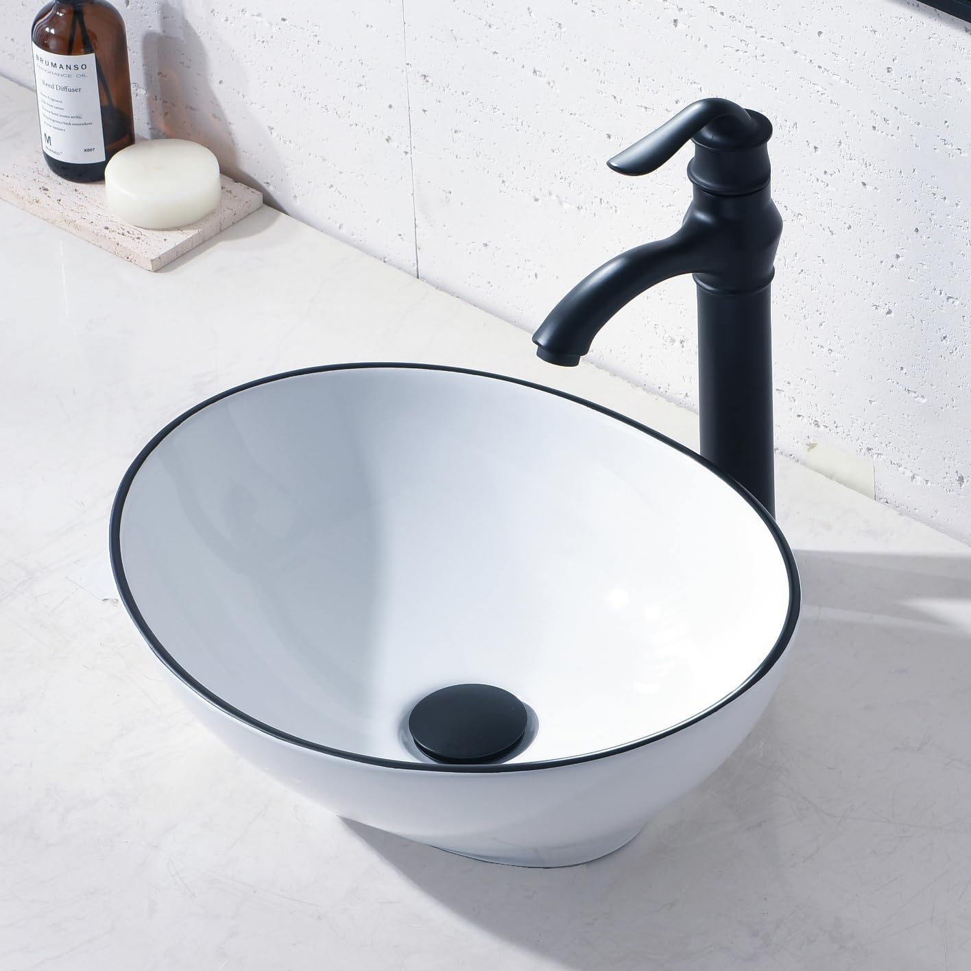 16x13 Inch White Porcelain Ceramic Oval Bathroom Vessel Sink with Faucet & Drain Combo - Above Counter Modern Vanity Basin Washing Bowl Set (White with Black Edge) for Bathroom, Powder Room & Guest Washroom Decor