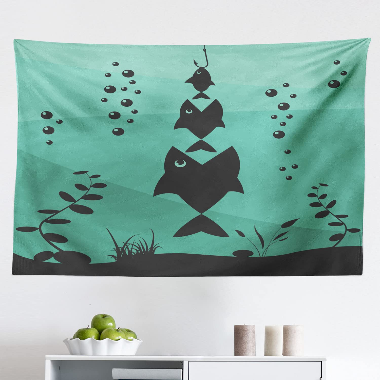 Ambesonne Fishing Tapestry - Underwater Ocean Theme with Big Fish Eating Small Fish in Bubbles, 45x30 Inch Teal Grey Fabric Wall Art for Bedroom, Living Room & Dorm Decor | Perfect for Beach House, Aquatic Nursery or Fishing Enthusiast's Room