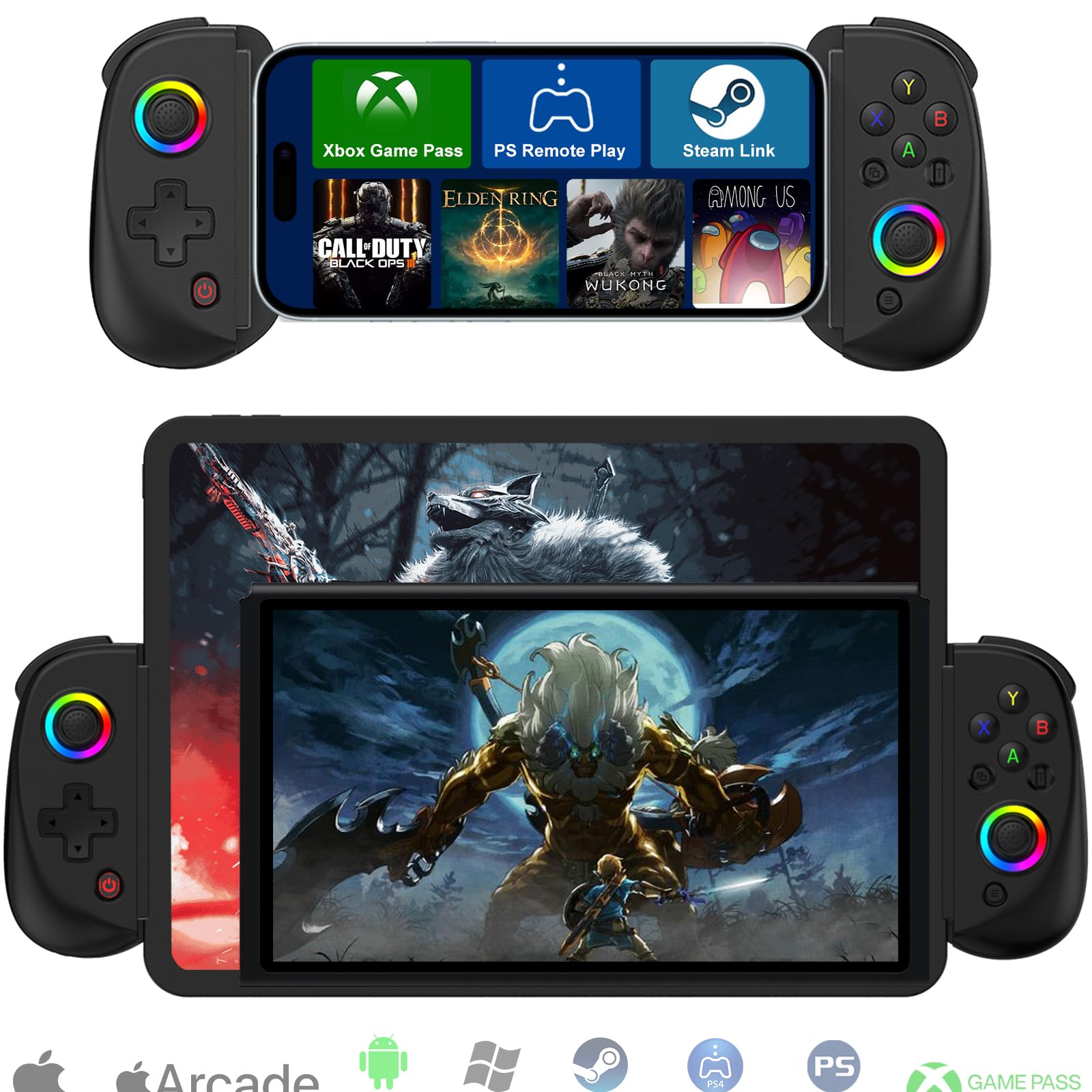 Wireless Bluetooth Game Controller for iPad, iPhone, Android, PC, Switch, PS3, PS4 - RGB Backlit Joystick with Turbo Function | Compatible with Mobile Cloud Gaming & PS/Xbox/PC Streaming | Perfect for iPhone 16/15 Pro Max & Gaming Enthusiasts | Ideal for Fortnite, Call of Duty Mobile & Console Gaming Sessions (Black)