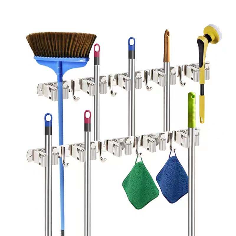 LOVZEN Heavy Duty Stainless Steel Broom Holder Wall Mount - 5 Rack 4 Hooks Broom Organizer for Kitchen, Laundry Room, Garage - Space Saving Mop and Broom Storage Solution (2 Pack, Grey) - Perfect for Organizing Cleaning Tools and Keeping Floors Clutter-Free