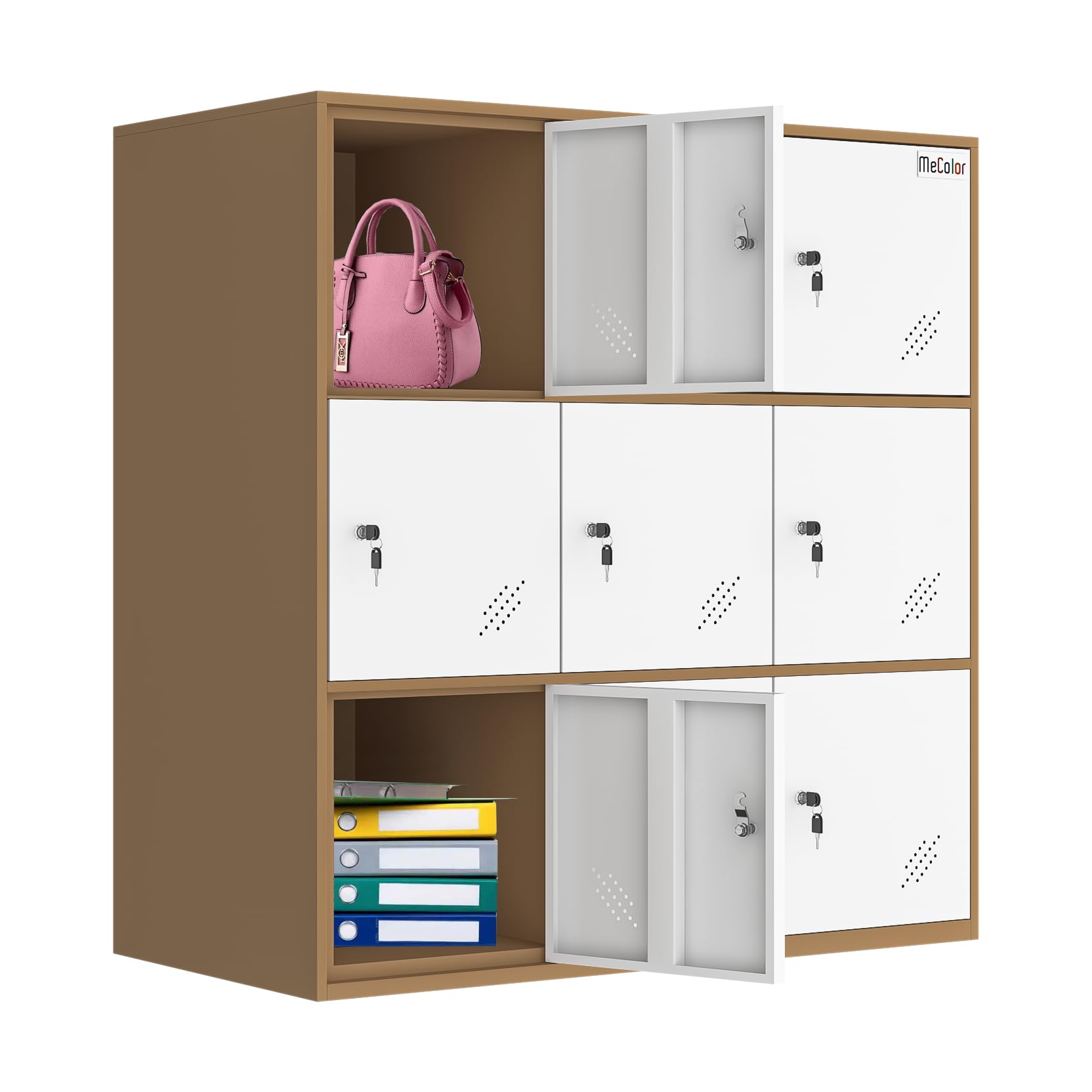 MECOLOR 9-Door Steel Storage Locker with Lock - Heavy Duty Metal Cabinet Organizer for Office, Home, Bedroom & Gym - Secure Multi-Compartment Storage Solution for Clothes, Shoes & Sports Equipment (White)