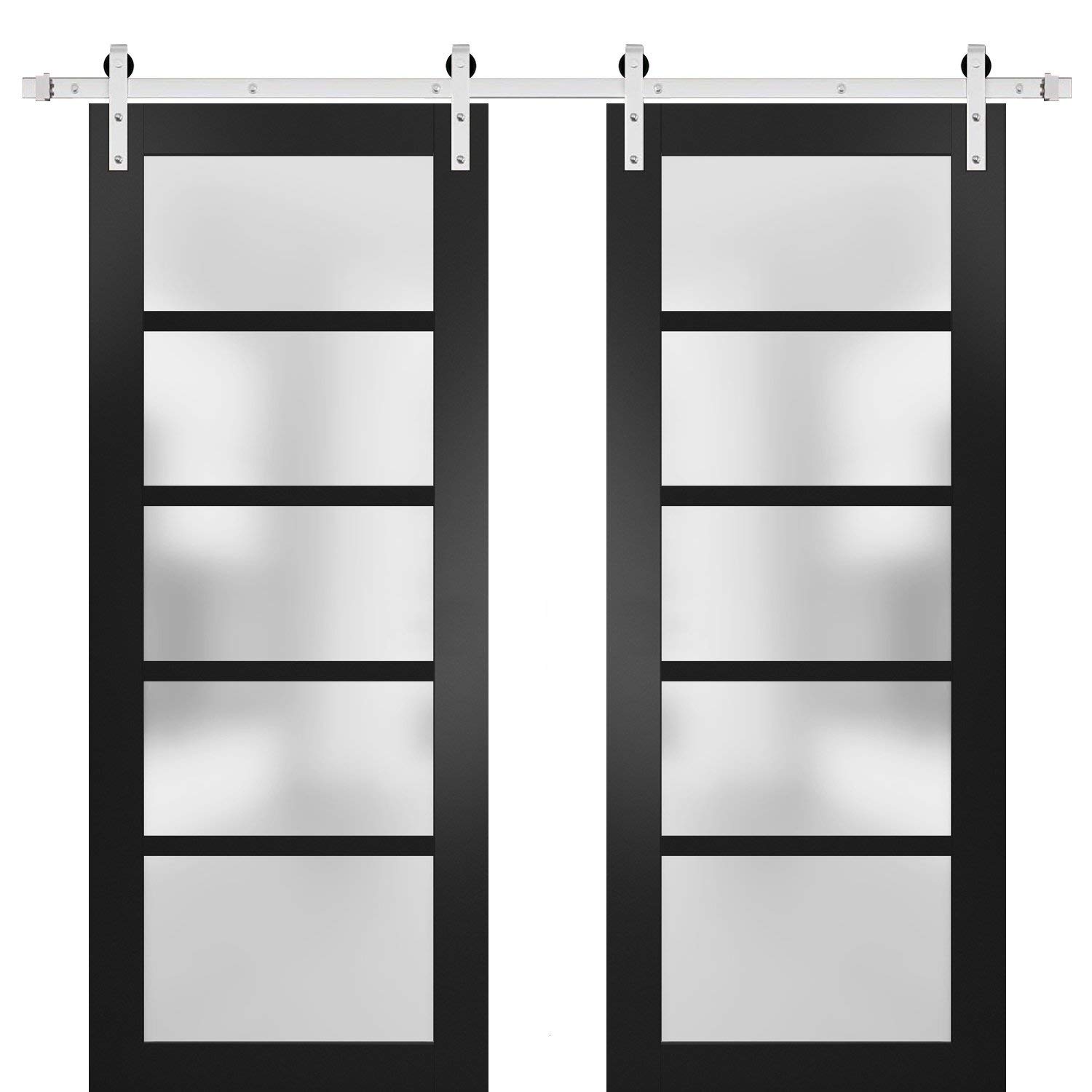 Sturdy 36 x 84 Inch Double Barn Door with Frosted Glass | Matte Black Quadro 4002 Design | 13-Foot Stainless Steel Rail & Hangers | Solid Panel Interior Doors for Bedroom, Closet, or Farmhouse Style Home