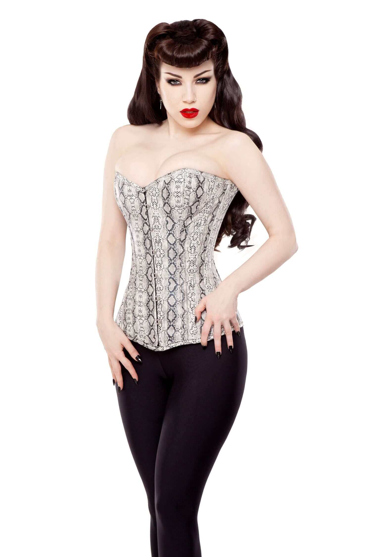 Playgirl Long Faux Snake Skin Overbust Steel Boned Corset - Waist Training Corset for Women, Plus Size Corset Top for Burlesque, Cosplay & Gothic Fashion
