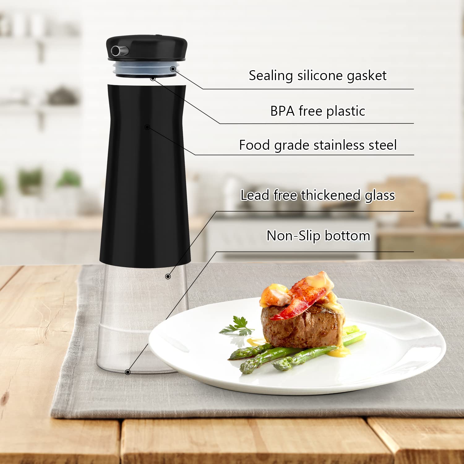 Premium Black Oil and Vinegar Dispenser Set - 2 Pack No-Drip Glass Bottles for Kitchen, Home, Restaurants & Weddings - Elegant Kitchen Decor & Accessories for Cooking, Salad Dressing & Entertaining
