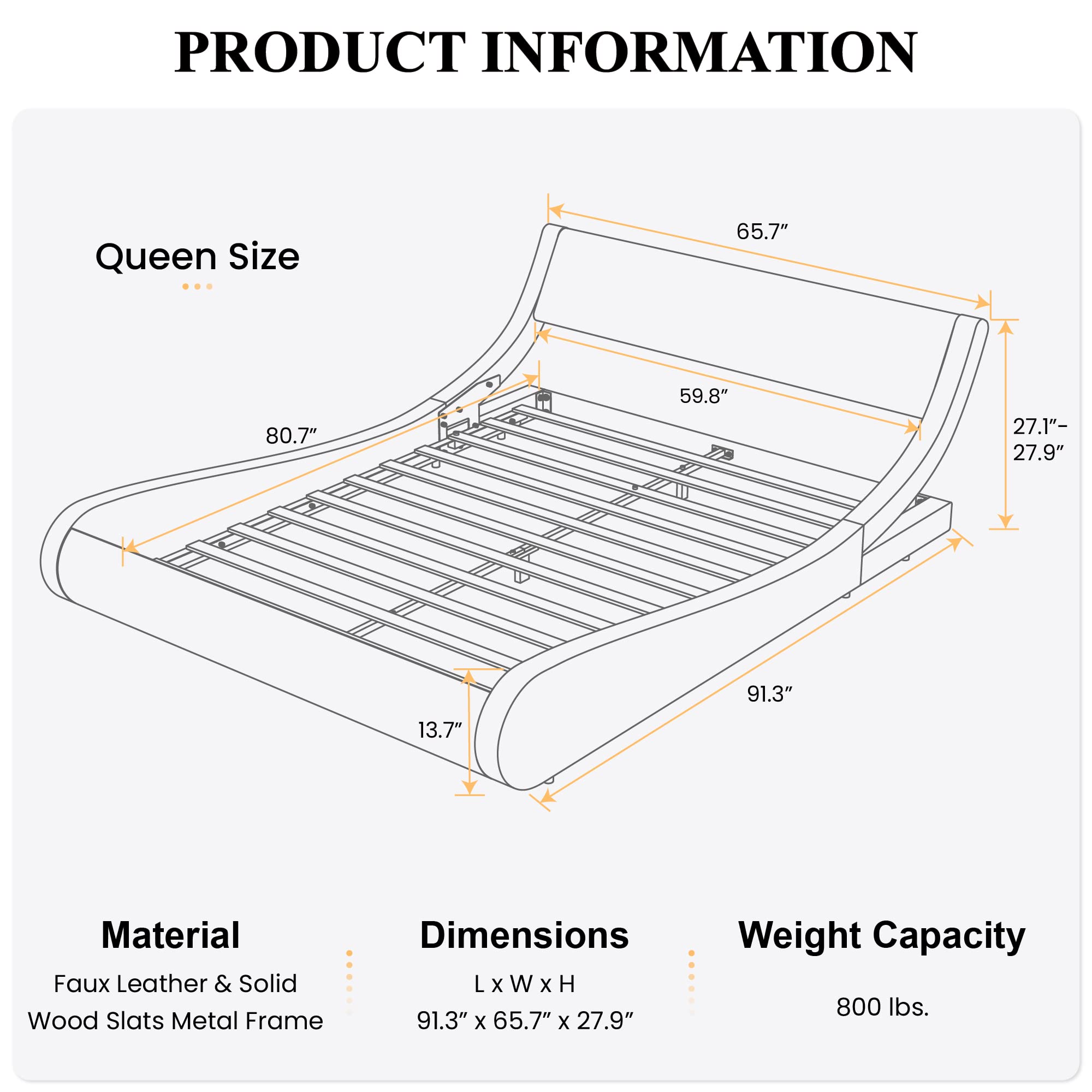 Modern Low Profile Platform Bed Frame Queen Size - Faux Leather Upholstered Sleigh Bed with Adjustable Headboard, No Box Spring Needed, White - Perfect for Contemporary Bedrooms, Guest Rooms & Small Spaces