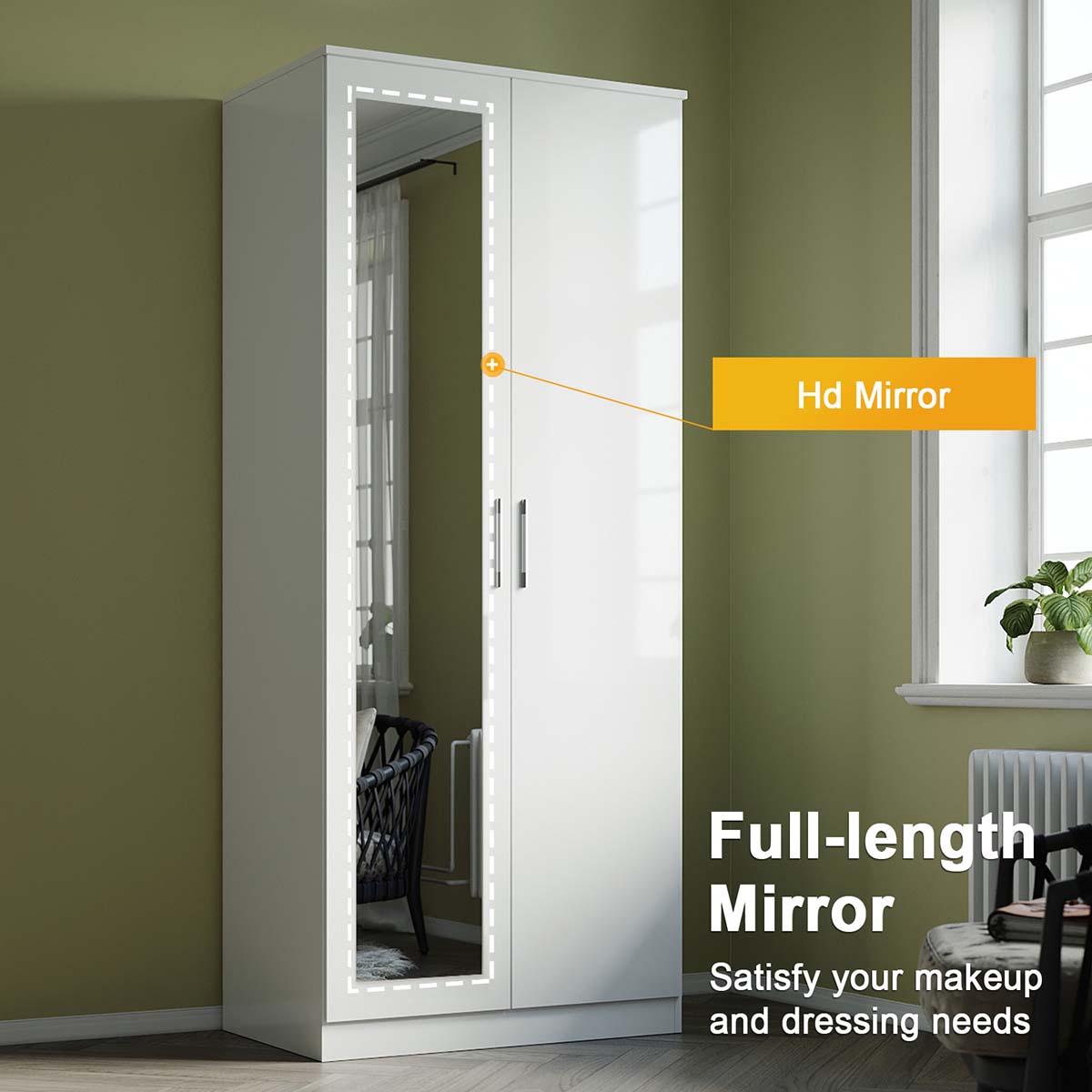2 Door Wardrobe with Mirror - High Gloss Finish Large Storage Cabinet for Bedroom & Closet Organization - Modern Furniture for Home & Office Use
