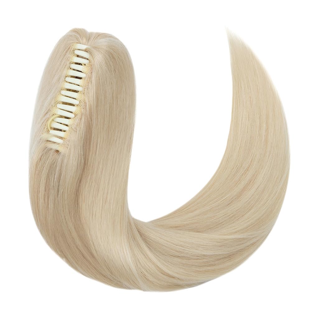 MY-LADY Human Hair Ponytail Extension Clip - 14 Inch Long Straight Real Human Hair Pony Tail for Women - Platinum Blonde 105g - Perfect for Parties, Weddings & Everyday Styling