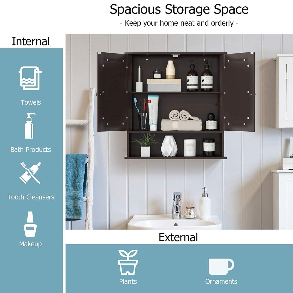 Wall Mounted Wooden Bathroom Cabinet with Double Mirror Doors - Over Toilet Storage Organizer with Round Knobs - Space Saving Bathroom, Kitchen & Bedroom Storage Solution (Brown) - Perfect for Small Bathrooms, Apartment Living and Clutter-Free Organization