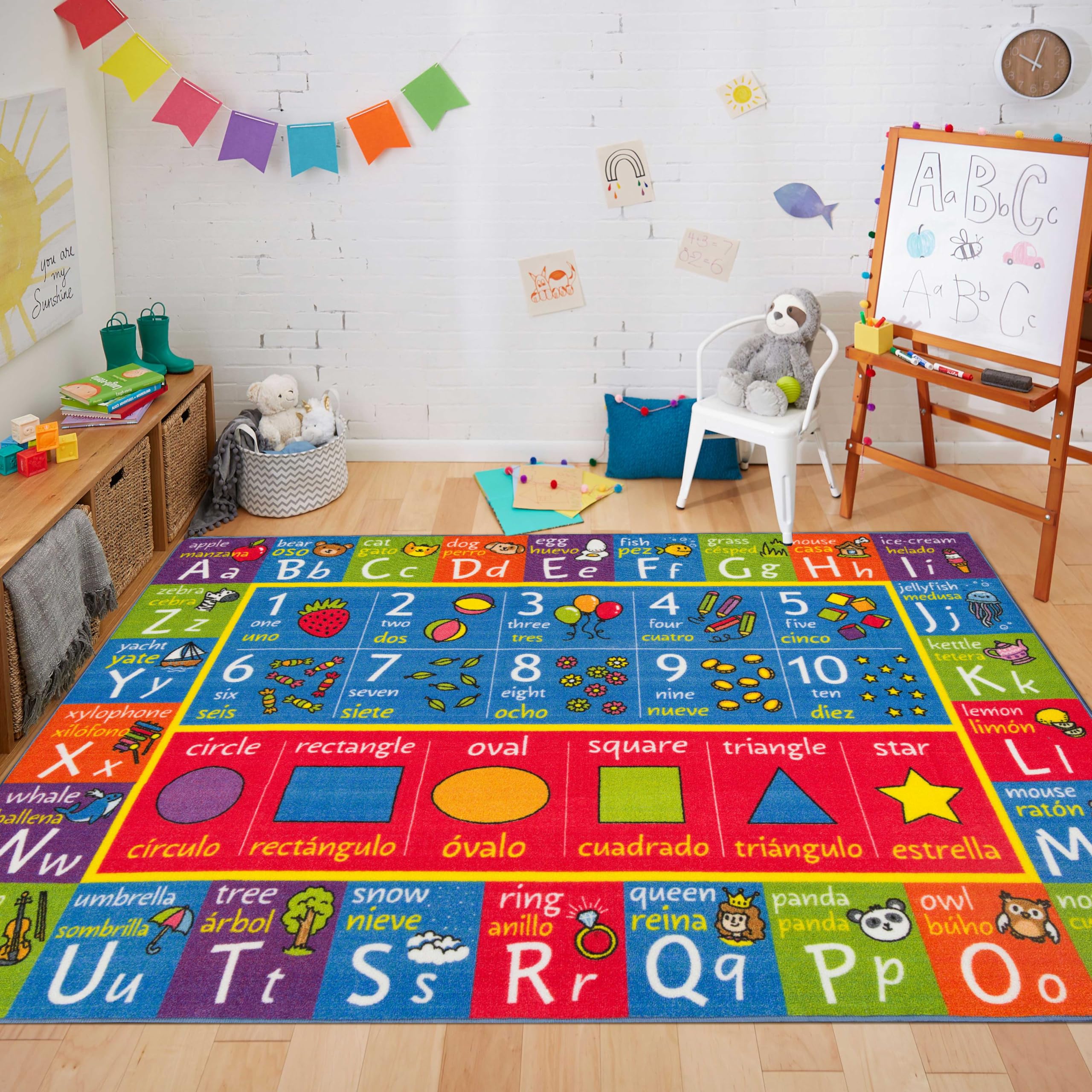 KC Cubs ABC Alphabet, Seasons, Days & Spanish Bilingual Educational Rug - Kids Learning Play Mat for Bedroom, Classroom & Playroom - Perfect for Toddler Activities & Early Childhood Education