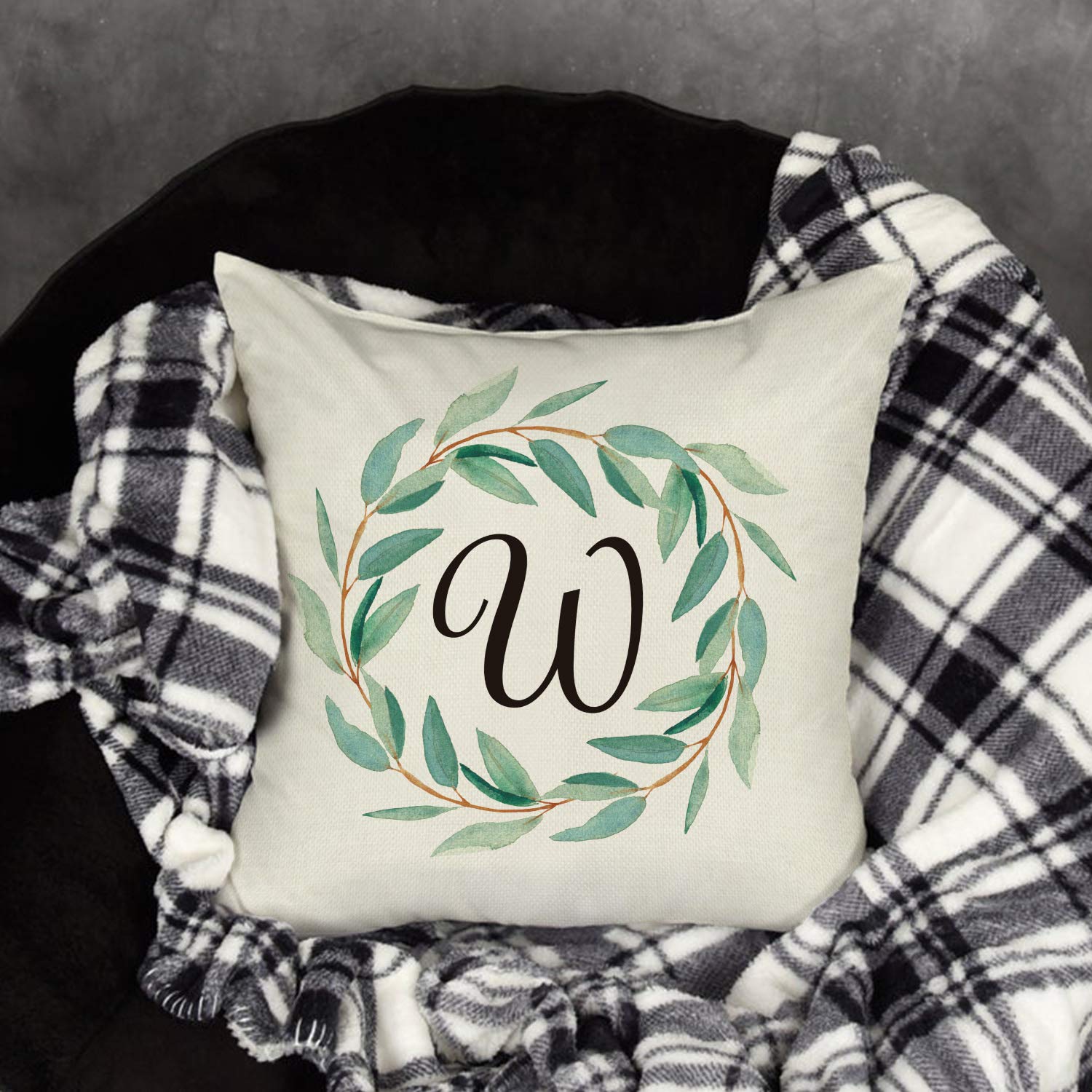 Custom Monogram Initial & Family Name Throw Pillow Cover - 18x18 Inch Linen Cushion Case with Wreath & Leaves Design for Sofa, Couch - Perfect for Home Decor, Living Room, Bedroom, and Seasonal Decor (Spring/Summer)