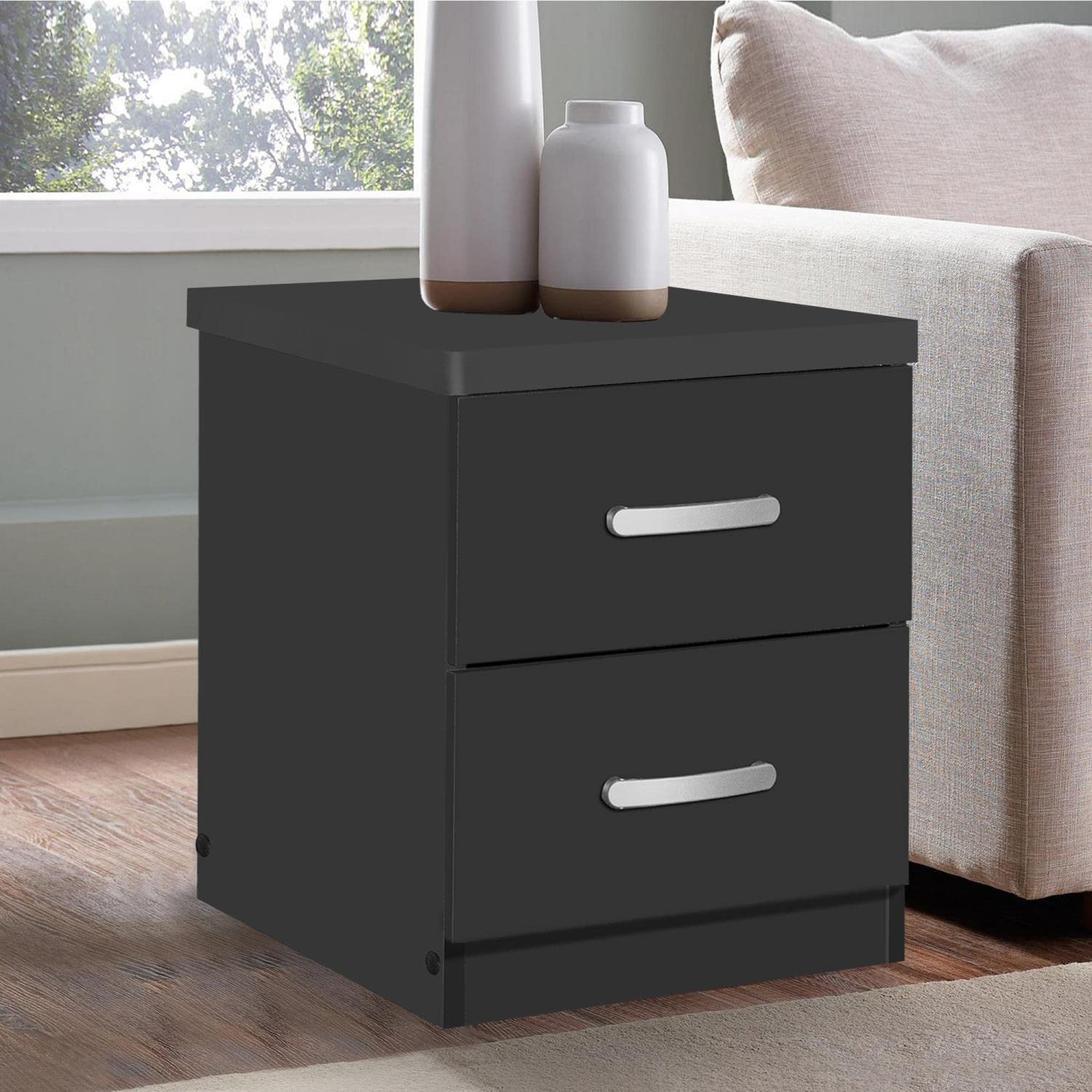 Better Home Products Night Stand with 2 Drawers - Black Wooden Bedside Table for Bedroom, Living Room & Office - Compact Storage Solution for Lamps, Books & Essentials