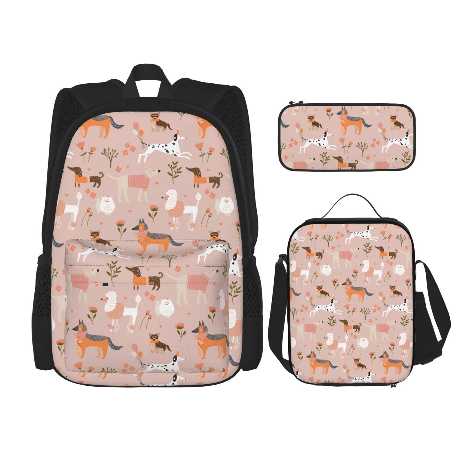 3 PCS Hand Drawn Dogs Backpack Set With Lunch Bag & Pencil Case - Cute Animal Print School Backpack for Girls, Boys & Teens - Perfect for School, Travel & Daily Use