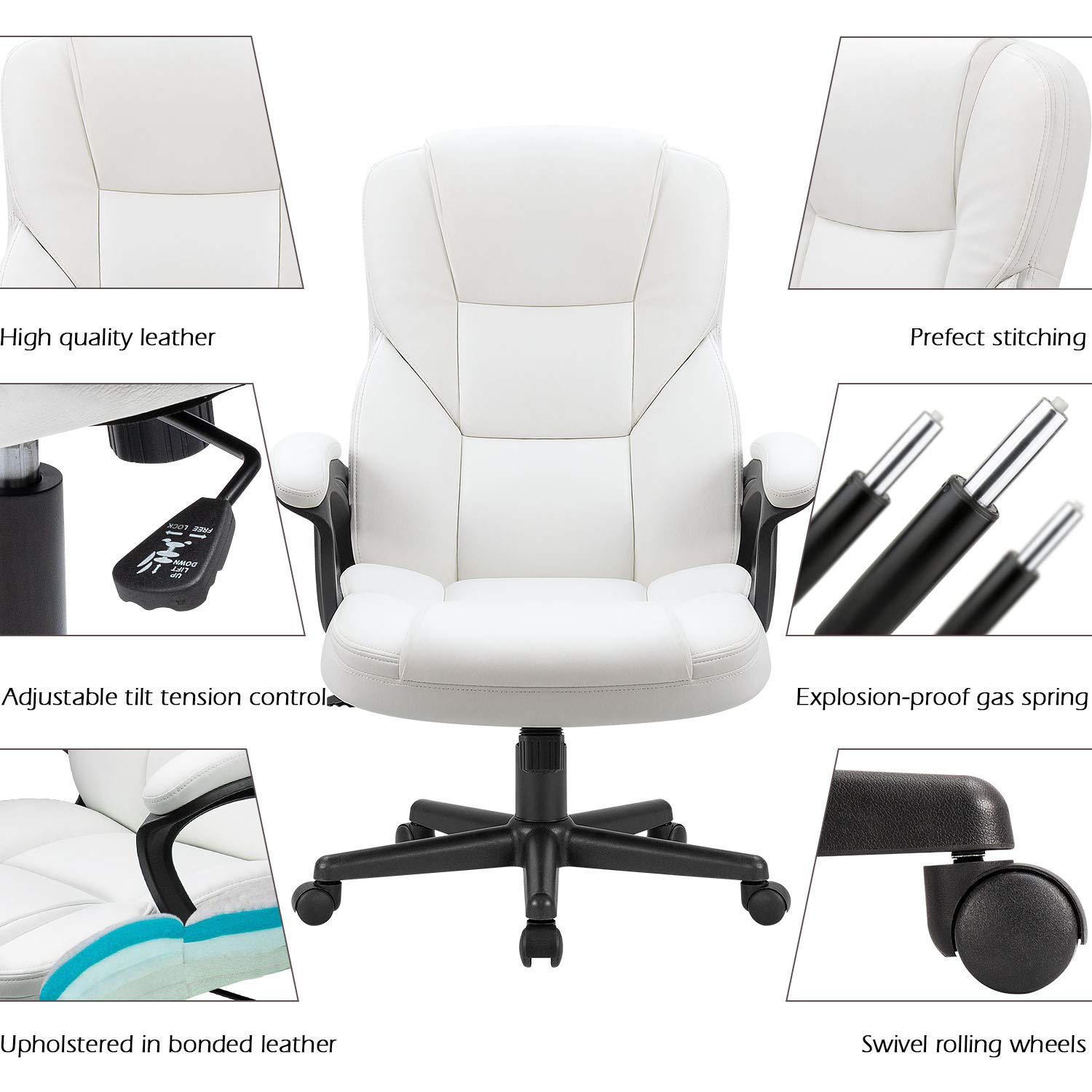 Furmax High Back Executive Office Chair - Adjustable Swivel Desk Chair with Lumbar Support, PU Leather Managerial Computer Chair for Home & Office (White) - Perfect for Long Work Hours, Gaming & Study Sessions