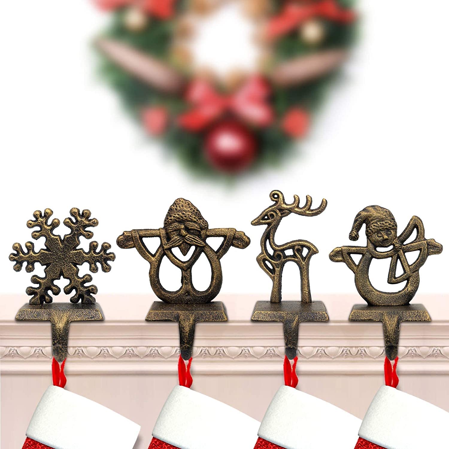 Vintage Christmas Stocking Holders 4-Pack - Reindeer, Santa, Snowman & Snowflake Metal Hooks for Fireplace Mantel - Holiday Decorations for Home, Gifts & Festive Indoor Decor