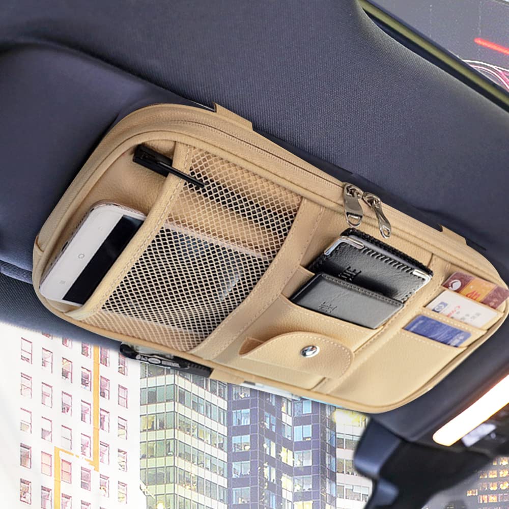 VAGURFO Car Sun Visor Organizer - Multi-Pocket Zipper Storage Pouch for Car & Truck - Beige Auto Interior Accessories | Perfect for Sunglasses, Phones, Keys & Small Items Organization