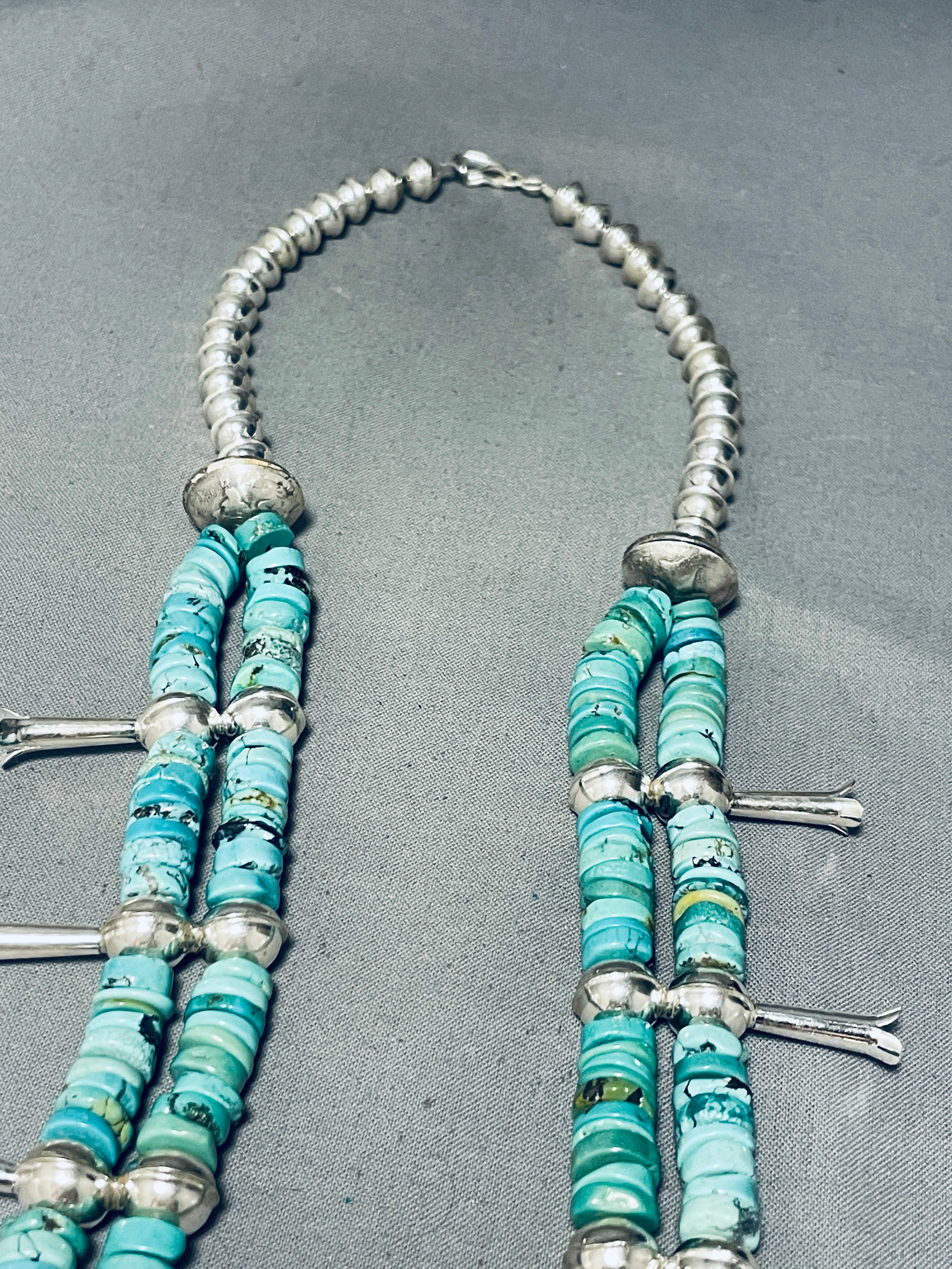 Authentic Navajo Sterling Silver Squash Blossom Necklace with Turquoise Coin - 191g Handcrafted Native American Jewelry for Women - Perfect for Boho Fashion, Weddings & Special Occasions